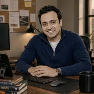 Tarun Kapoor, founder of Context Hints, seated at a wooden desk with a soft city light behind him.