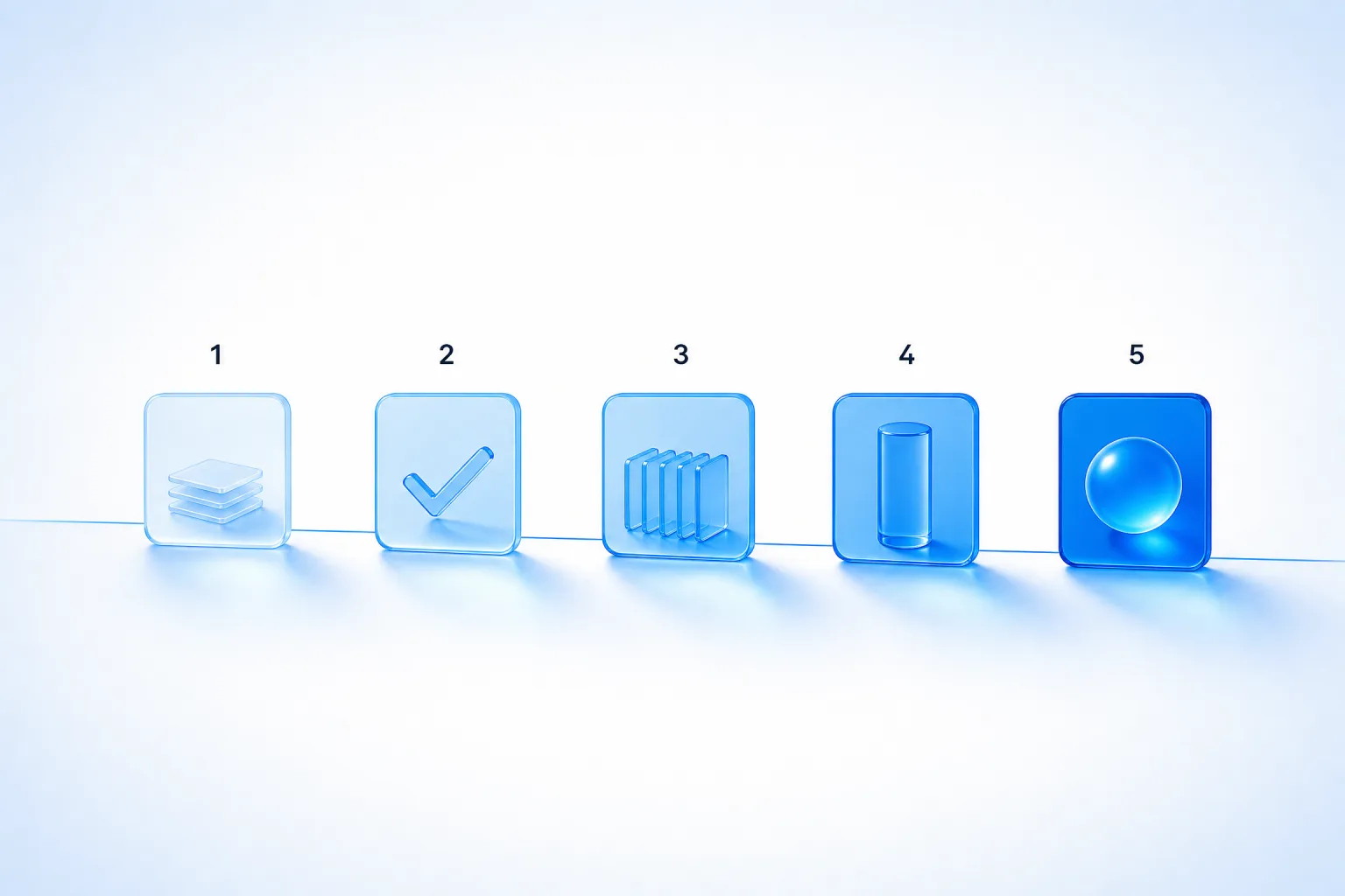 Five blue glass tiles numbered one to five along a thread of light, showing the stages of submitting a ChatGPT product feed: apply, build, sample, daily snapshot, live.