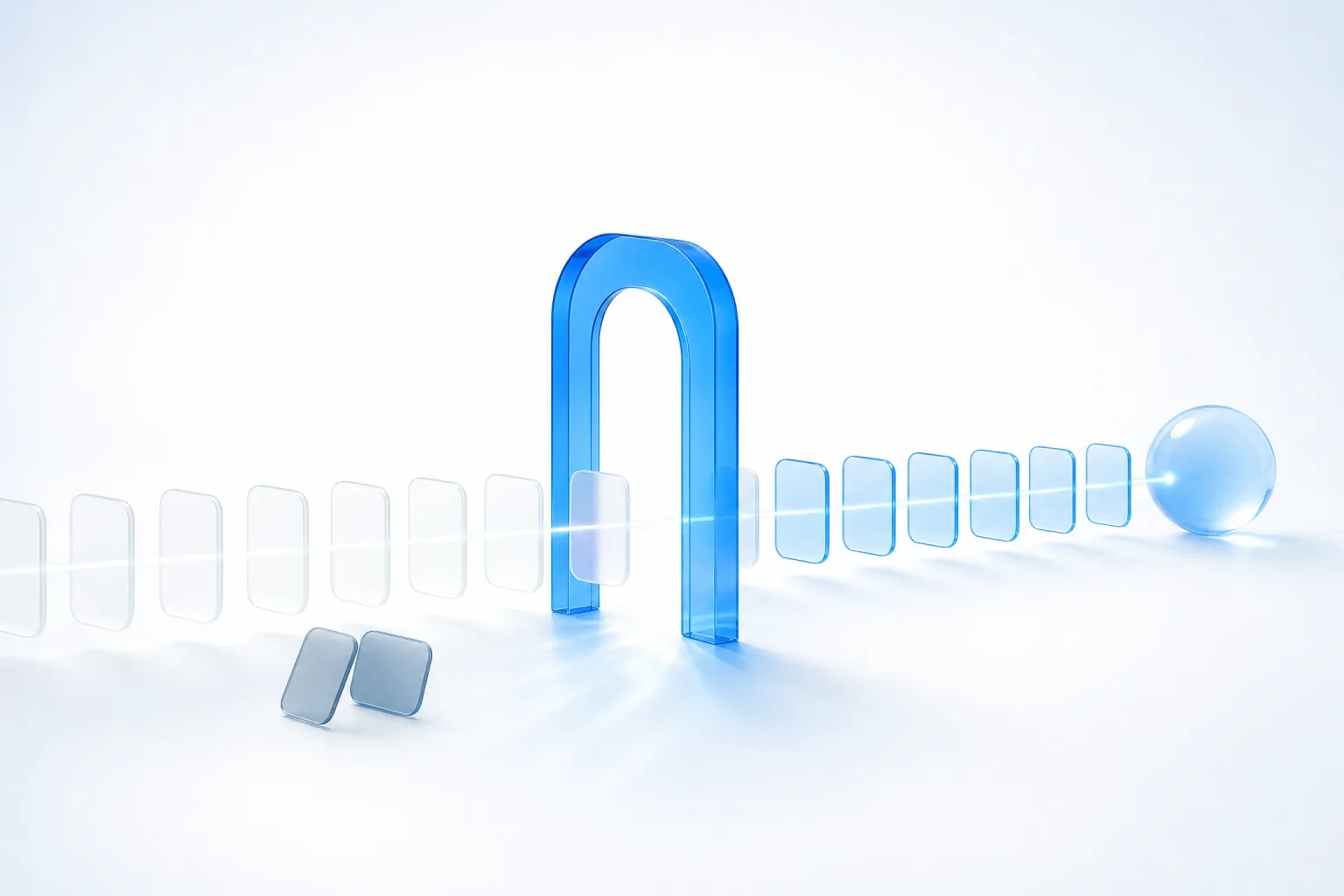 Frosted product cards passing through a blue glass gate toward a glowing orb, with two grey rejected cards set aside, illustrating ChatGPT product feed rows failing validation.