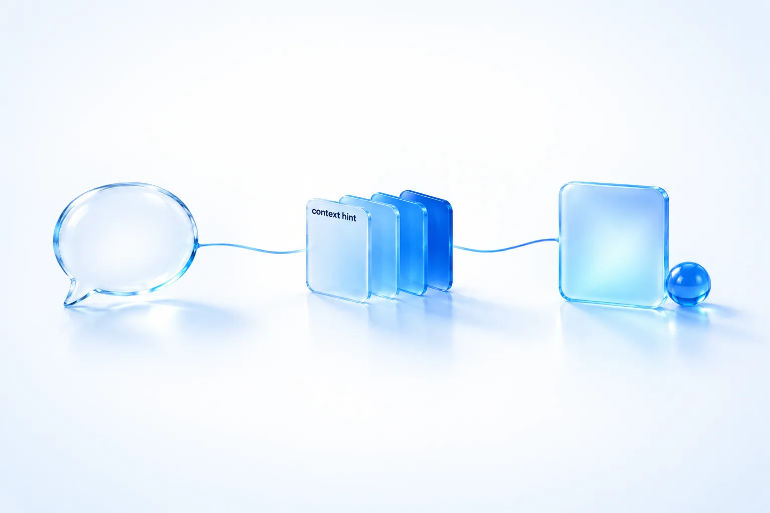 A glass speech bubble linked by a thread of blue light to four glass cards labelled context hint, then to a single ad card: how ChatGPT Ads matches context hints to a conversation.