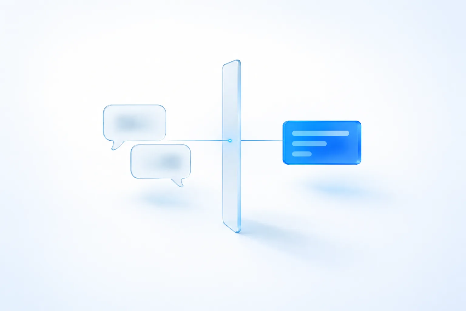 Two frosted glass speech bubbles on one side of a glass pane and a blue card of performance bars on the other, showing that ChatGPT Ads advertisers see results, not conversations.