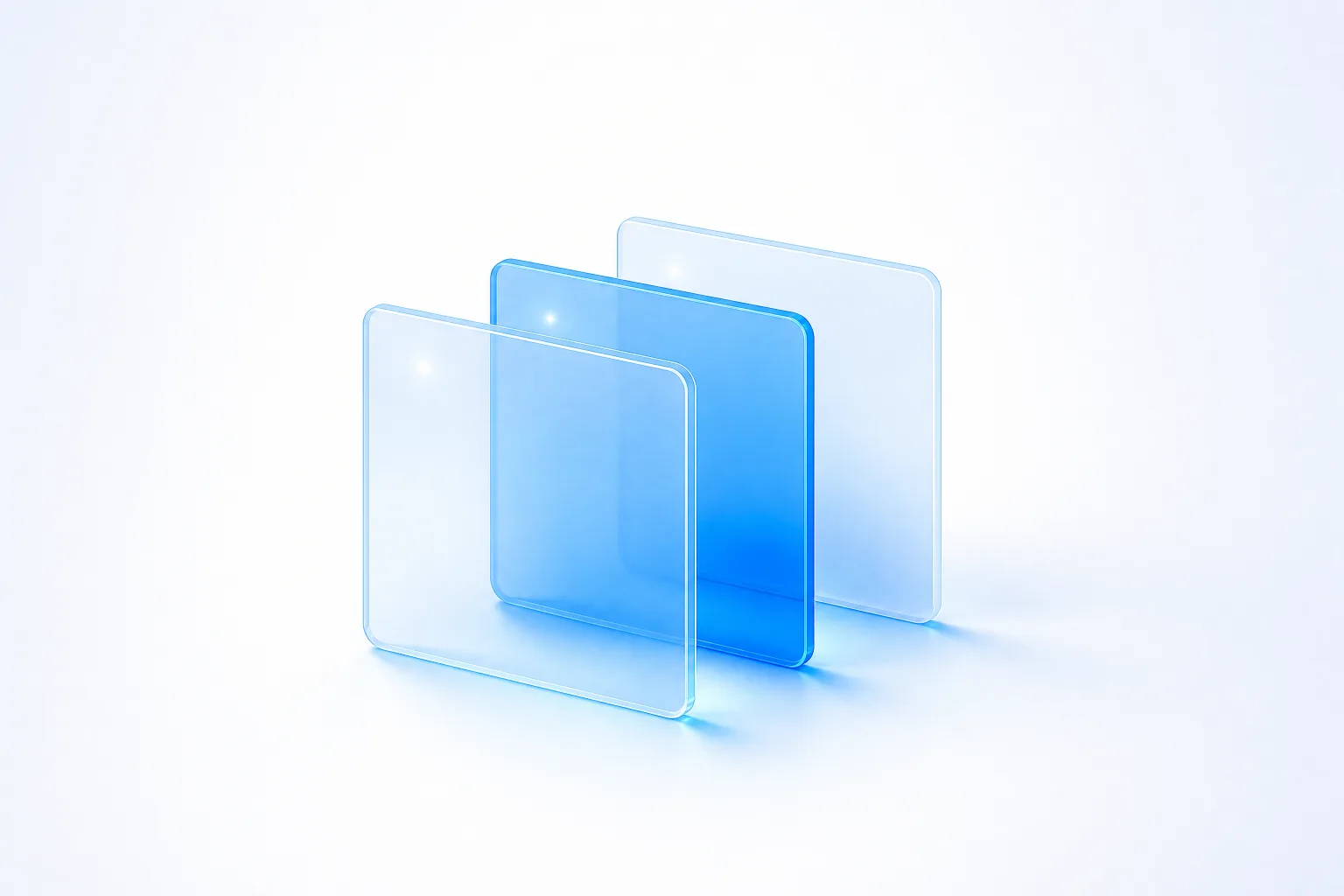 Three thin upright glass plates layered one behind another - clear, vivid blue and pale frosted blue - representing one ad account with three distinct names.