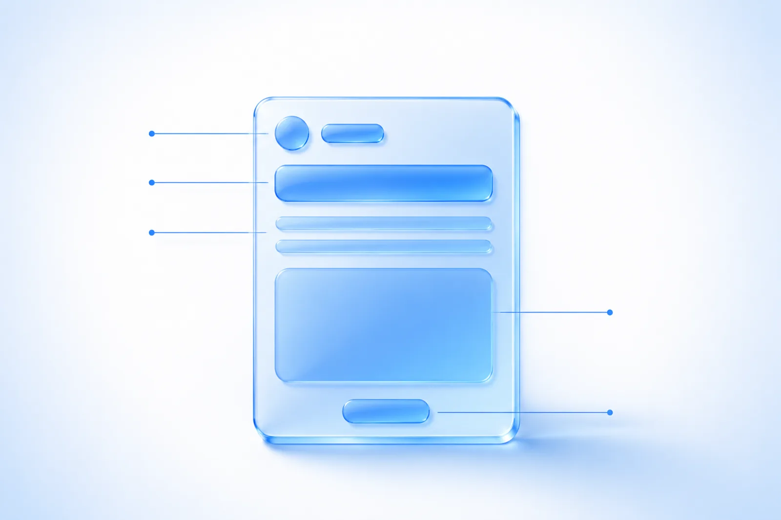 A diagram of a translucent glass ad card with six regions called out by thin blue lines: a circular favicon disc and advertiser-name bar near the top, a bold title bar, two thinner copy lines, a large image-asset rectangle, and a pill-shaped landing-page button at the bottom.