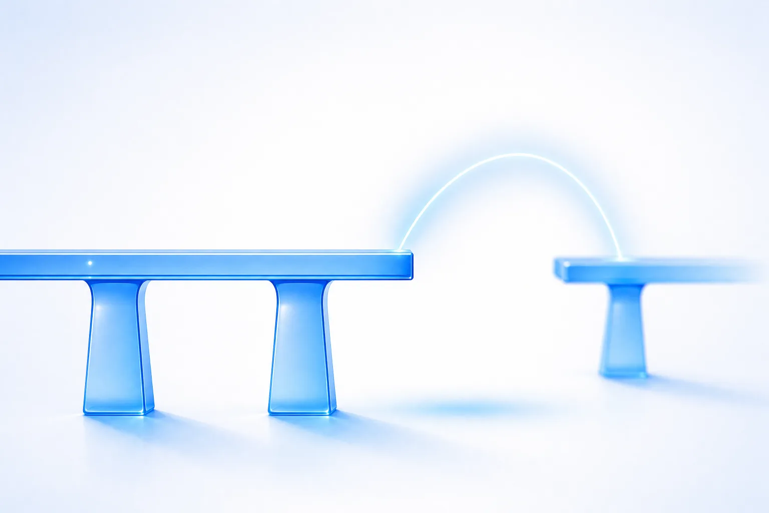 A translucent blue glass bridge on a white field with a visible gap near its far end, a thin beam of light arcing across the gap to reach the other side — representing conversions that complete outside the tracked session.