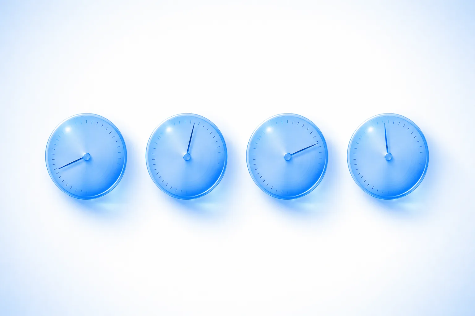 Four identical premium analog dials in a row on a white field, each with a blue glass face and a single slender needle, the four needles resting at four visibly different angles.