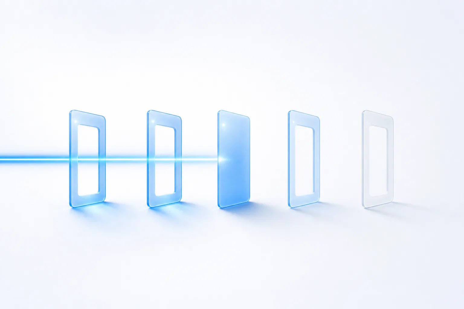 A narrow channel of blue light crossing a white field through five upright glass gates; three stand open and carry the light, one is a solid frosted panel blocking it, and beyond that the channel and final gate sit dark and colourless.
