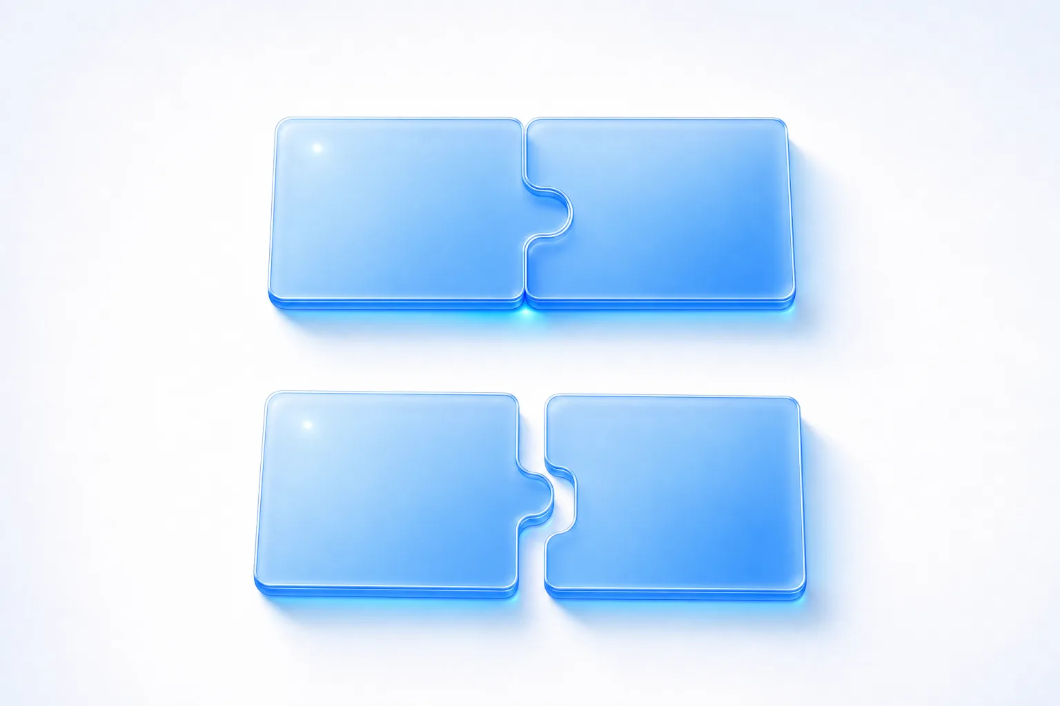 Two pairs of notched blue glass plates on a white field: the upper pair interlocks flush with light pooling beneath the joint, the lower pair is offset so the plates cannot seat and no light passes.