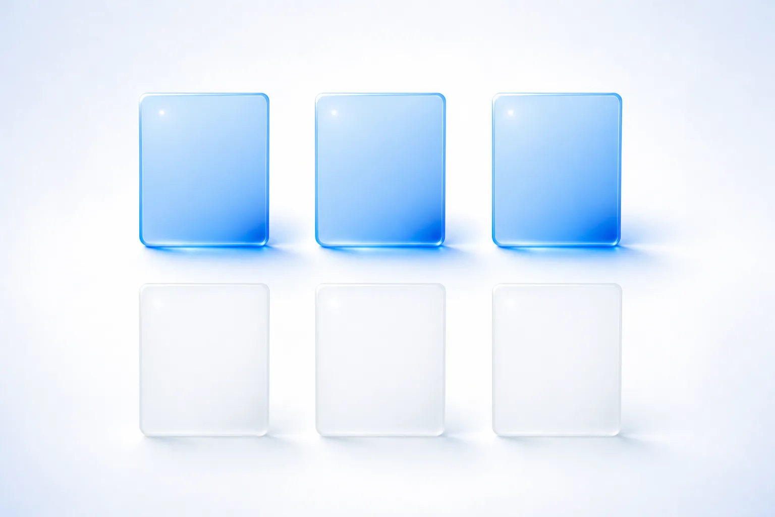 Six upright glass cards in two rows on a white field; the upper three are clear blue glass with crisp edges and bright pools of light beneath, the lower three are clouded and near-colourless with soft edges and no light beneath.