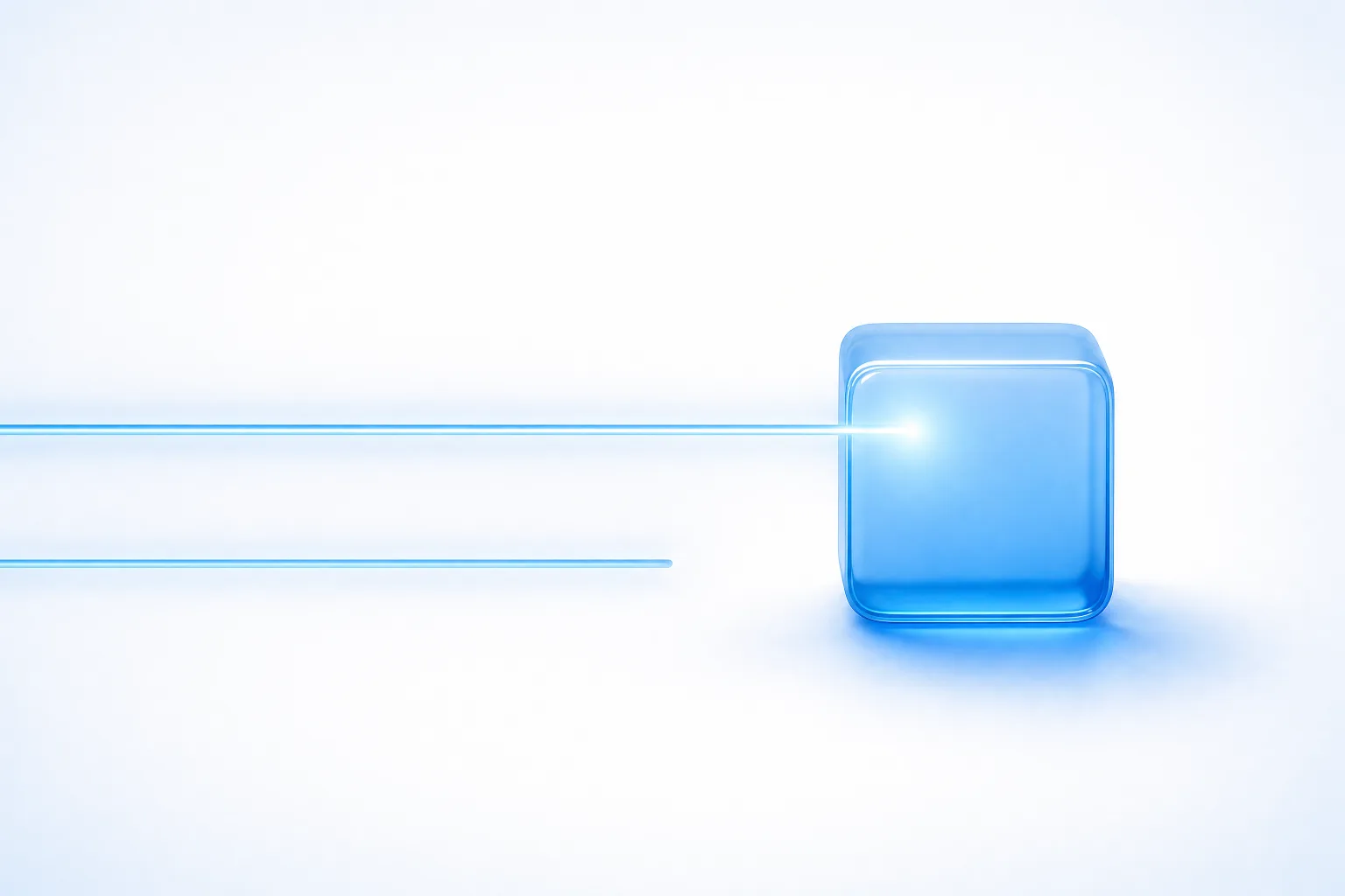 Two thin filaments of blue light travelling toward a glass collecting node on a white field; the upper filament arrives unbroken and lights the node, the lower one is cleanly severed short of it, leaving a dark gap.