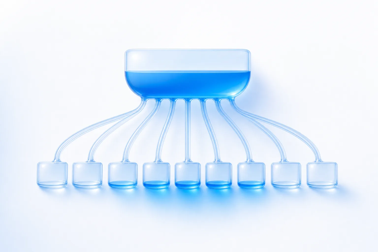 A single wide glass vessel holding a shallow pool of blue light, feeding nine narrow channels down into nine small chambers, each holding only a thin film of light and the outermost ones almost dry.