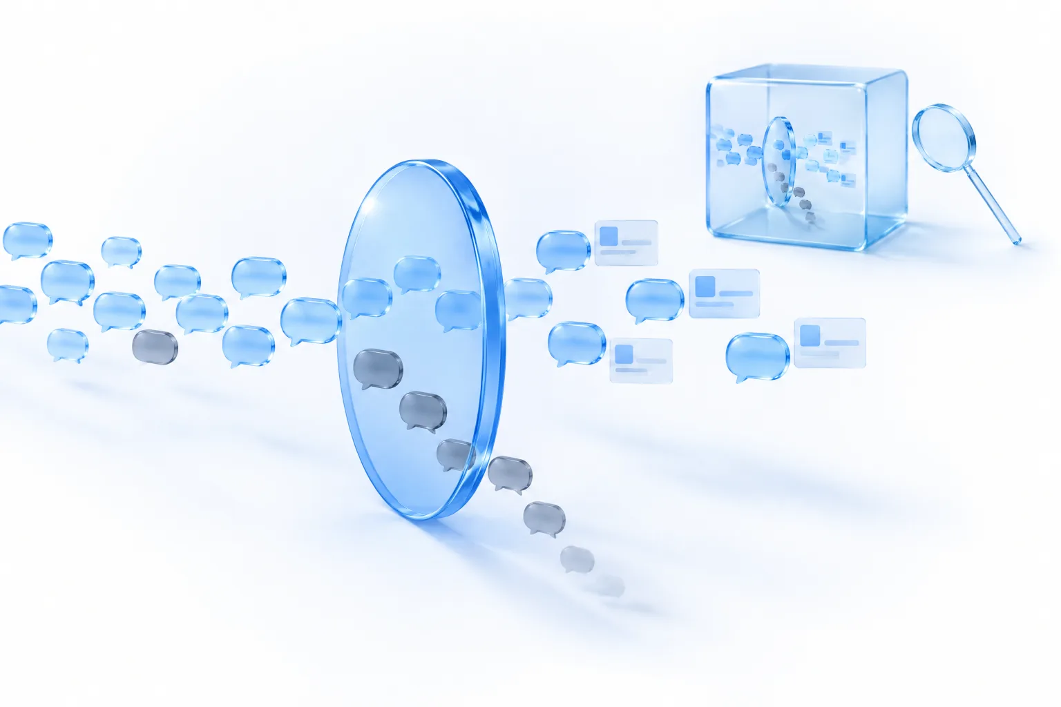 Glass speech bubbles drifting through a large glass lens: clear bubbles pass and gain small ad cards, grey bubbles are stopped and fall away; in the background a sealed glass cube holds a copy of the scene, watched by a separate magnifying lens.