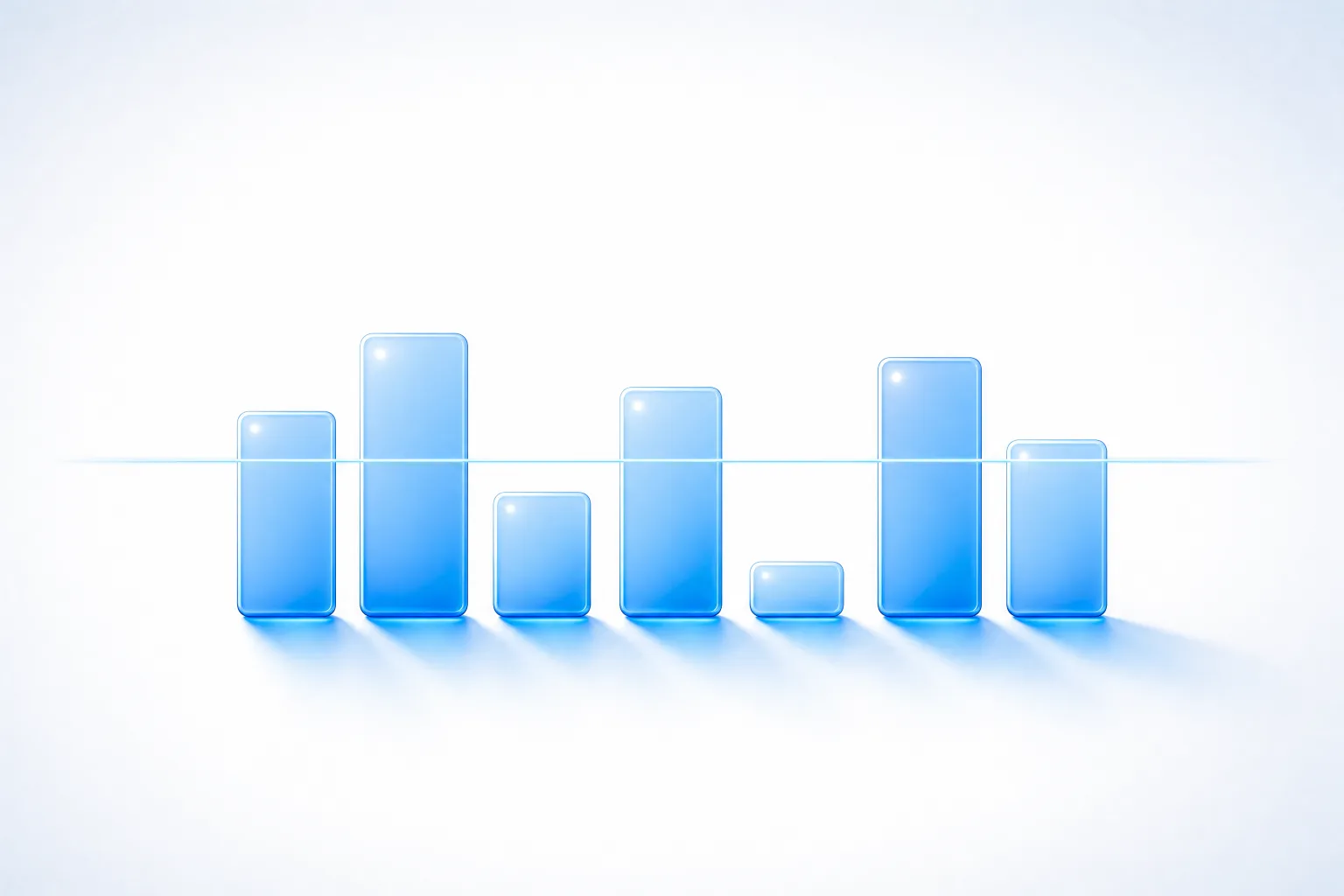 Seven translucent blue glass columns of unequal height standing on a white field beneath a single thin horizontal hairline, representing daily spend varying around a seven-day average budget.