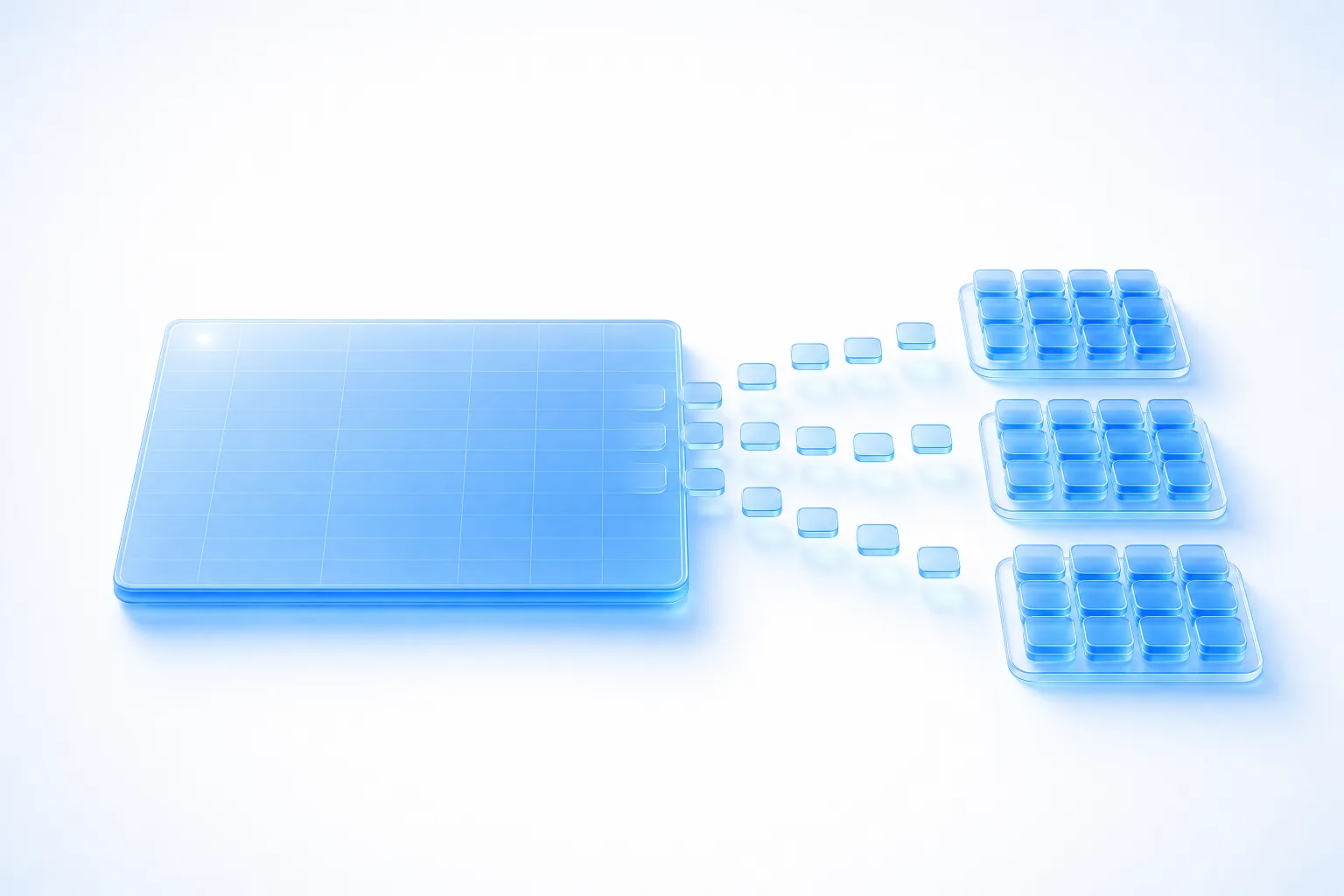 A flat blue glass slab etched with a grid, releasing a stream of small glass tiles that sort into three stacked groups - one bulk sheet becoming many campaigns.