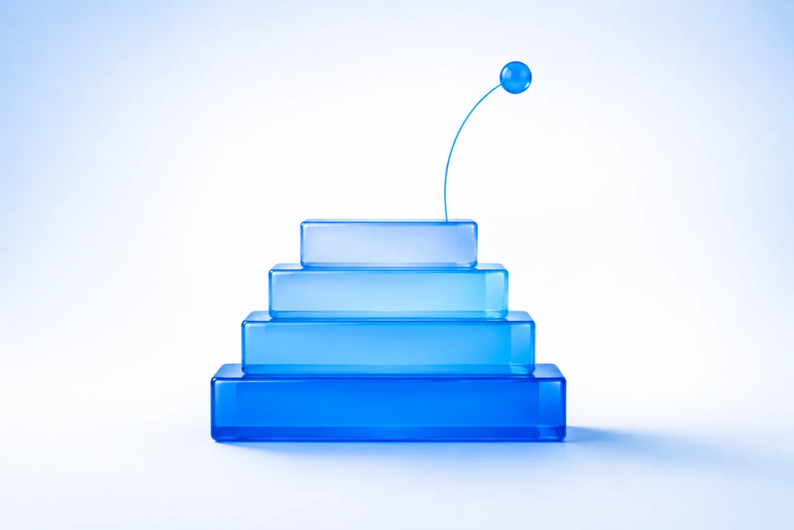 Four stacked translucent blue glass blocks forming a ladder from a wide deep-blue base to a narrow pale top, with a thin filament of light rising to a small glass orb.