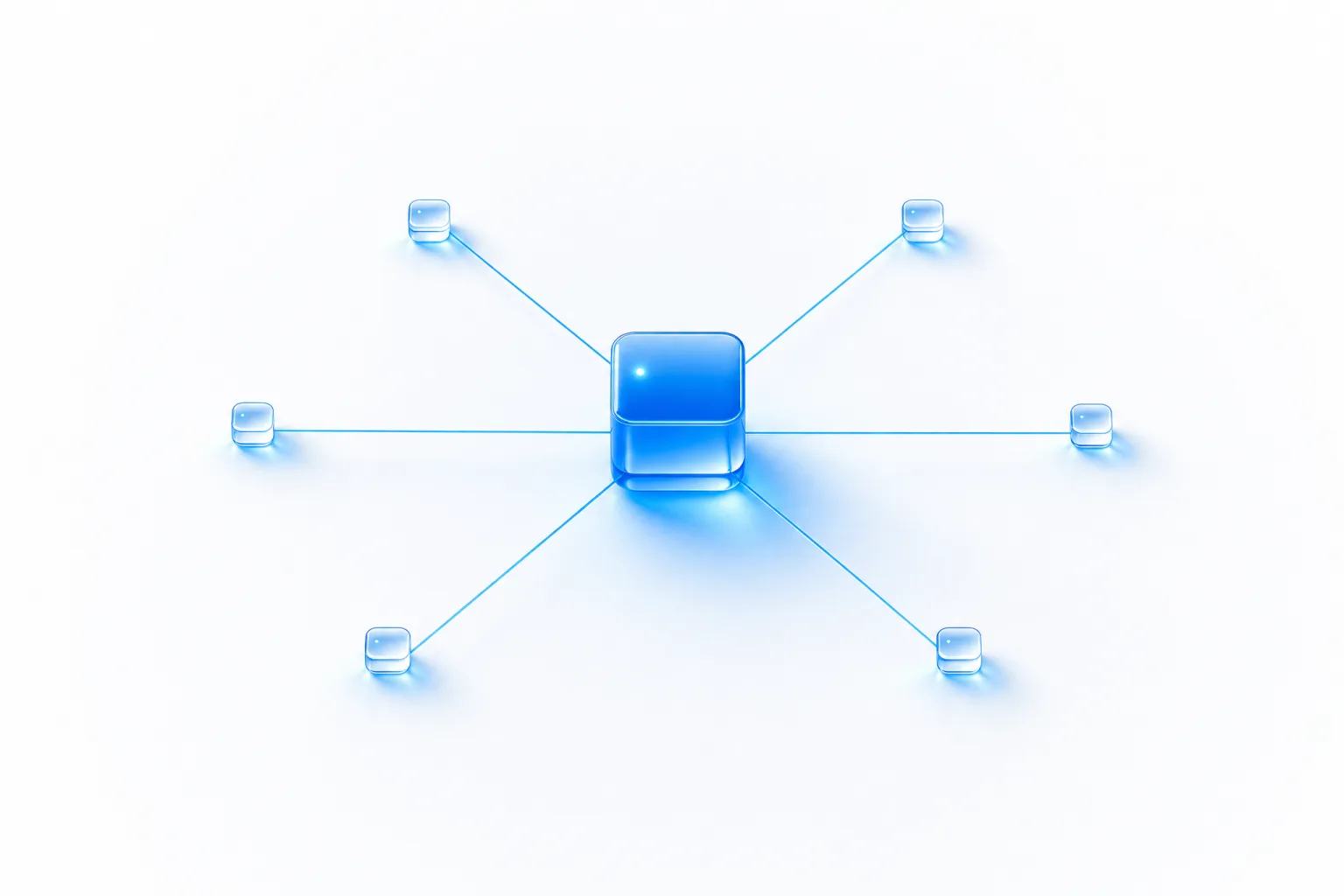 A single solid blue glass polyhedron at the centre of a white field with six fine threads of light radiating evenly outward, each ending at a small glass marker lit faintly by the light arriving along it.