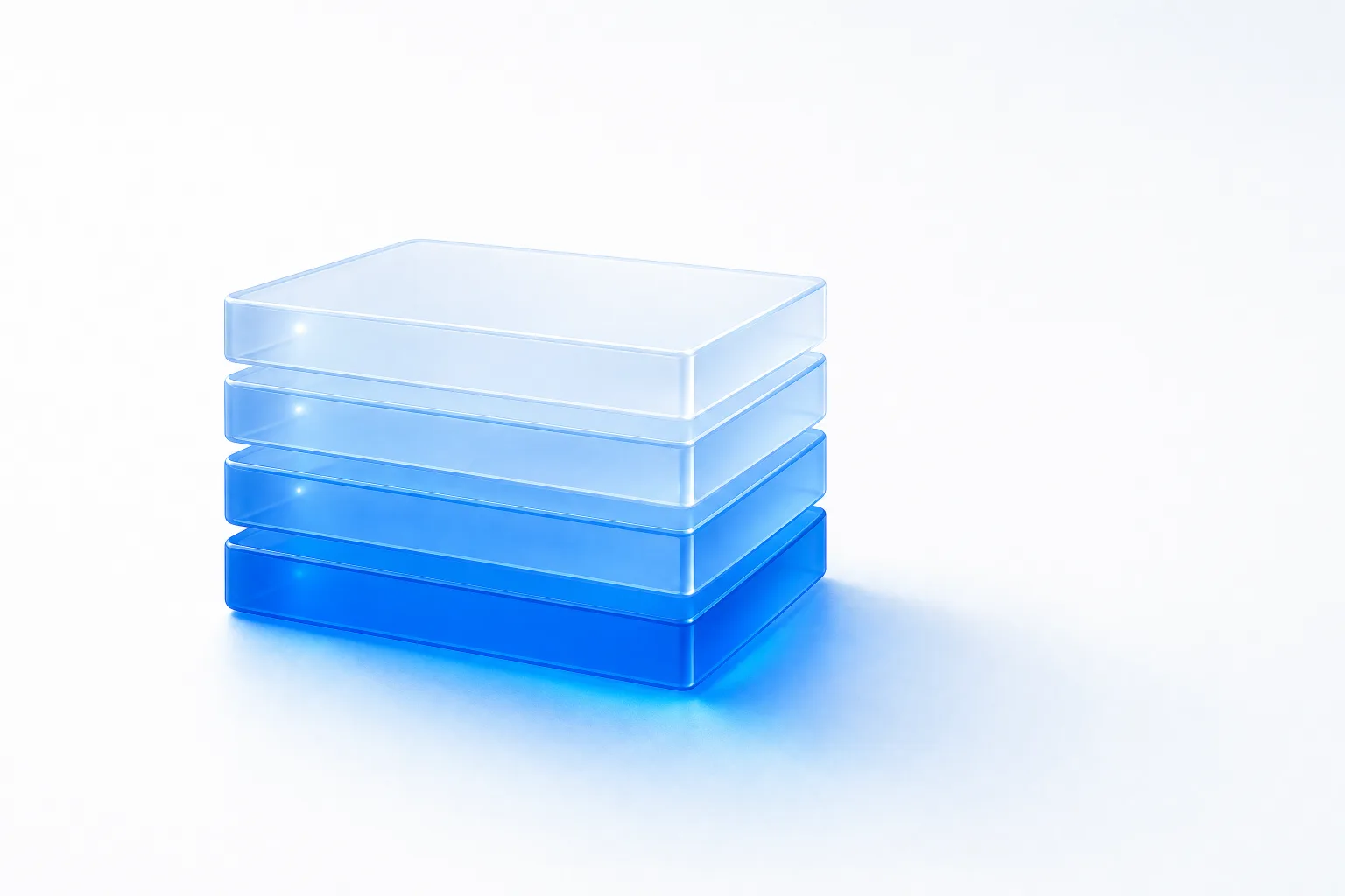 Five flat glass slabs stacked squarely on a white field, the bottom two solid electric blue and each layer above progressively paler, with light passing down through all five into one pool beneath.