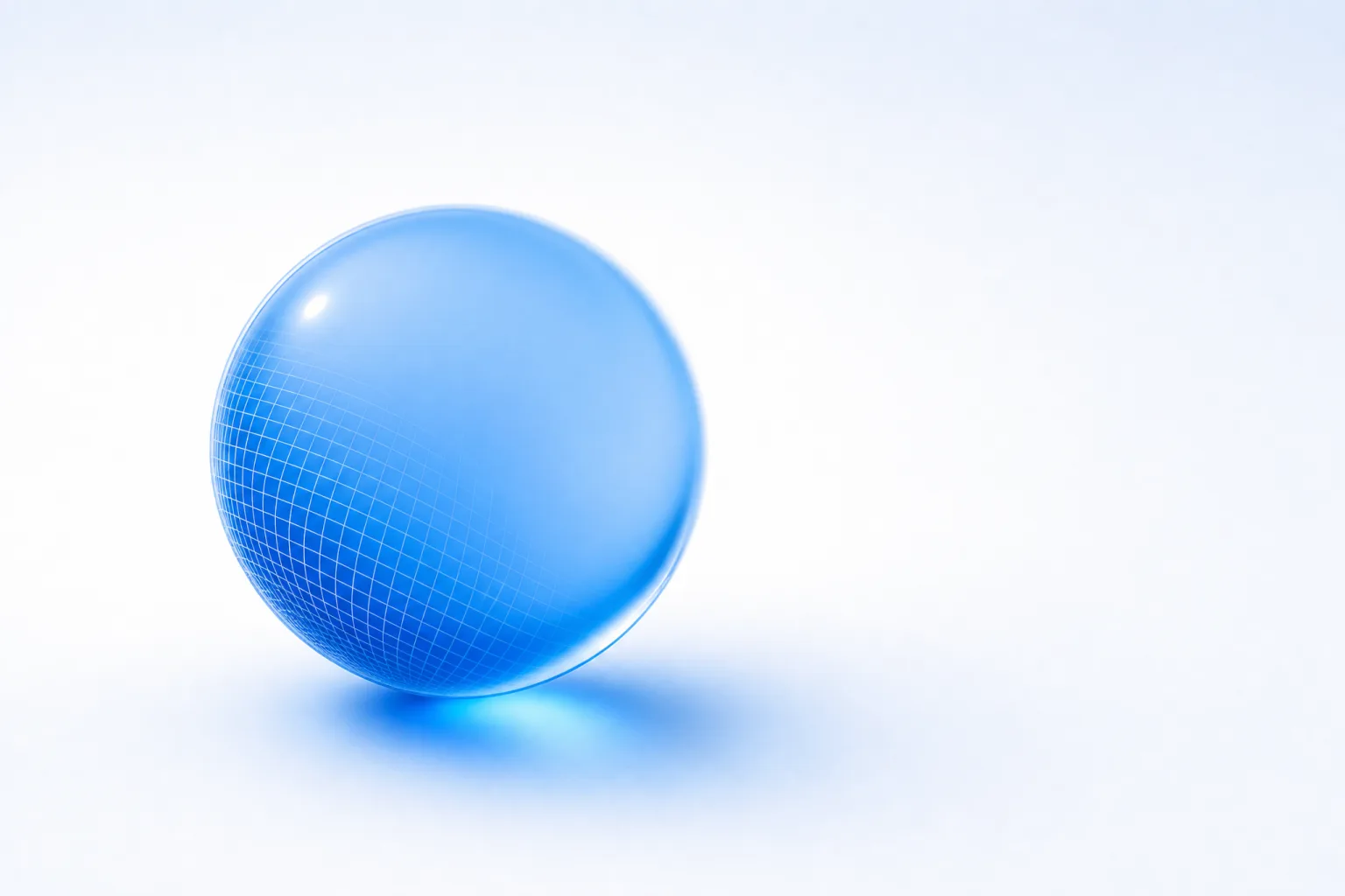 A translucent blue glass sphere on a white field, partially wrapped in a fine mesh that covers only a portion of its surface, leaving the remainder unmeasured and softly out of focus.
