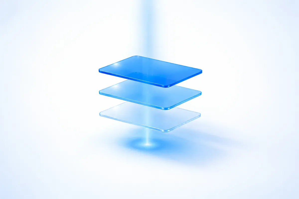 Three stacked translucent glass panes with one beam of blue light passing through them, representing the who, when and what layers of a context hint.