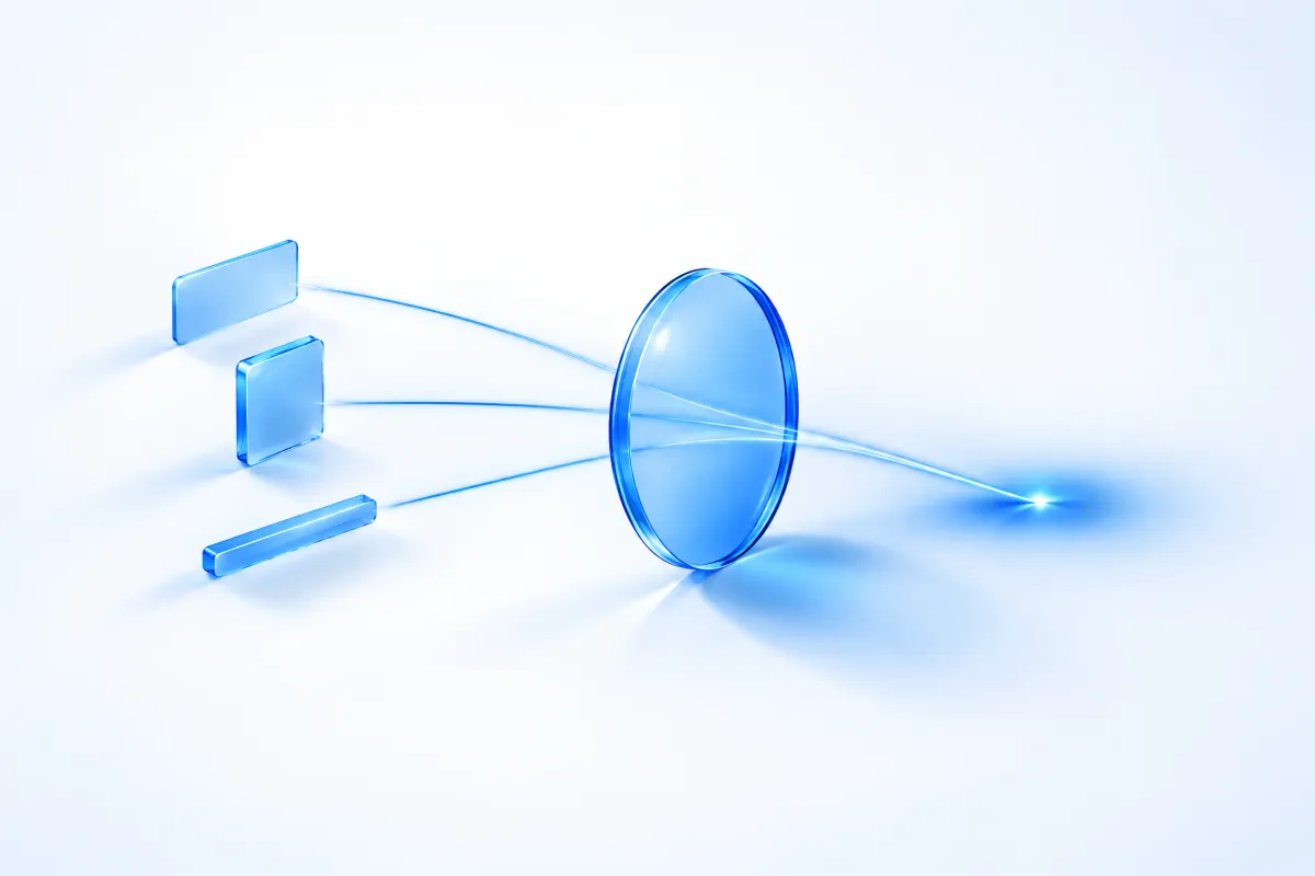 Three small glass forms sending threads of light through a single glass lens that focuses them to one point, representing hints, landing page and ad copy scored together.