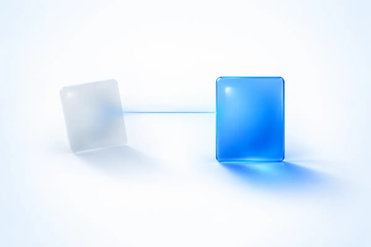 A cloudy frosted glass card connected by a thread of light to a clear, bright blue glass card, representing a weak context hint rewritten into a strong one.