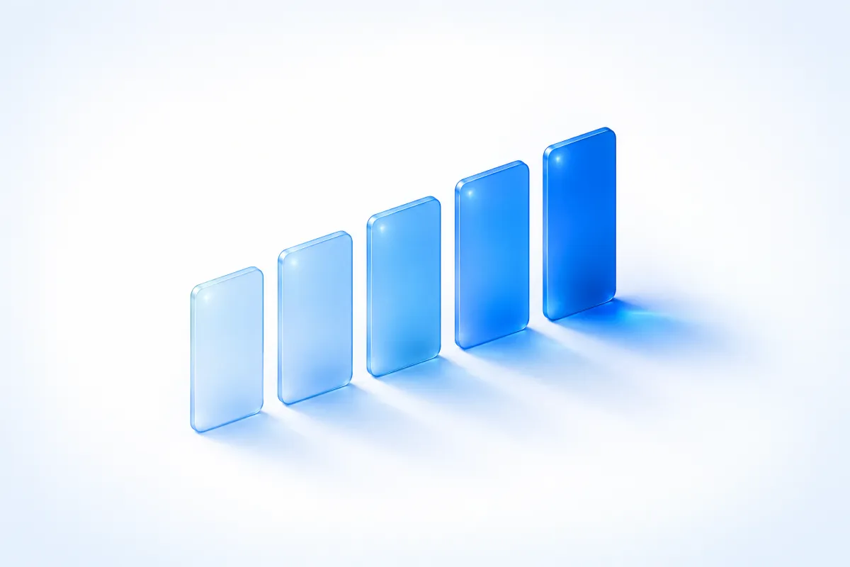 Five glass panels rising like a staircase from pale to deep blue, representing context hint templates for each buying stage.