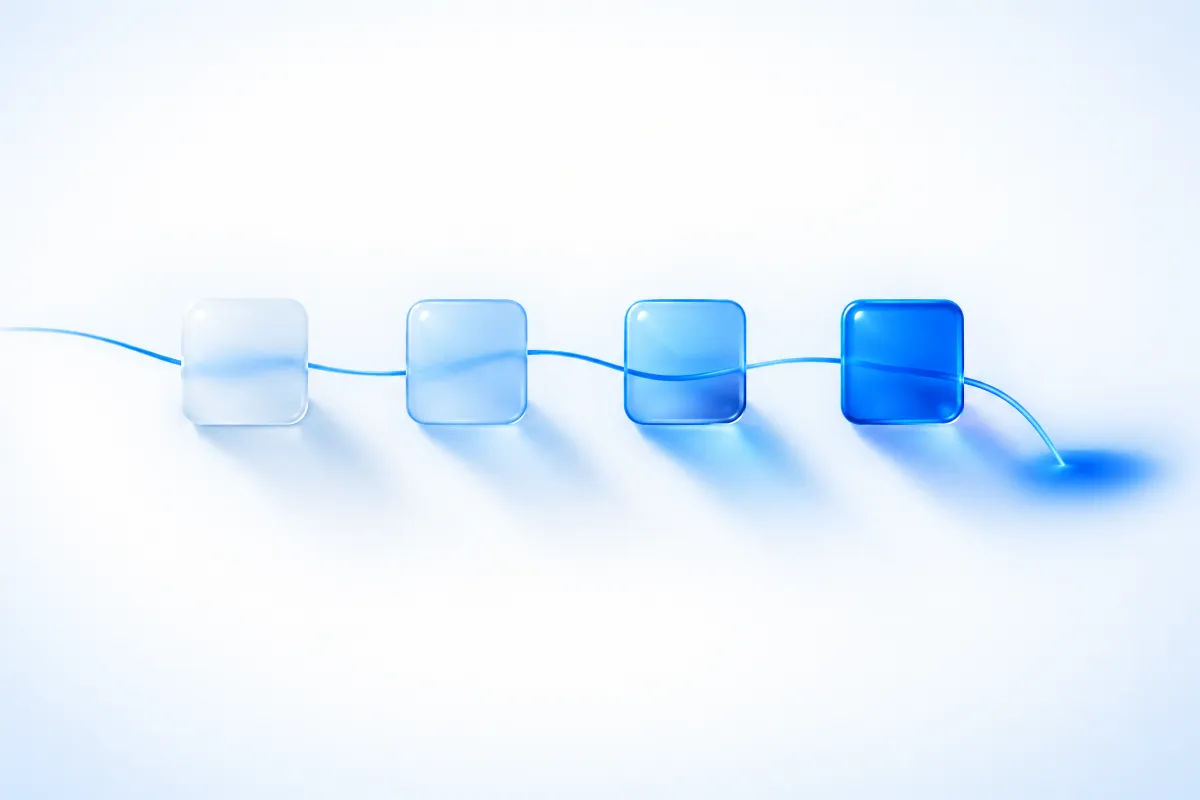 Four glass tiles joined by one thread of light, progressing from frosted to clear blue, representing the steps of writing a context hint.