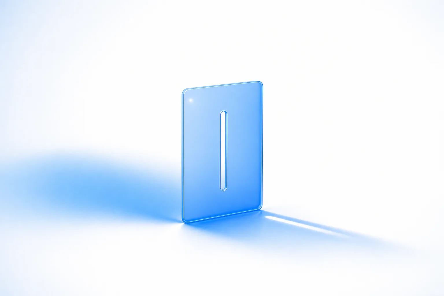 A broad soft field of blue light on a white surface meeting an upright glass plate with a single narrow slot, and only one tight sharp band of light passing through to the other side.