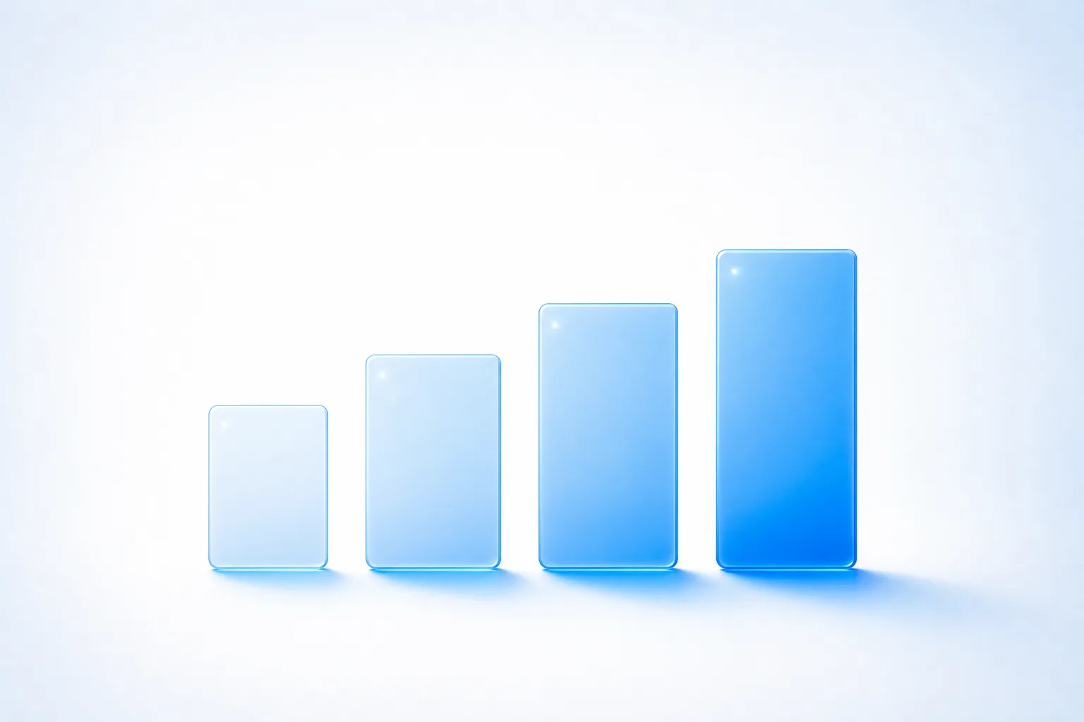 Four translucent blue glass panels standing in a row as a gentle ascending stair on a white field, each taller and more saturated than the last, with pools of light beneath them growing brighter from left to right.