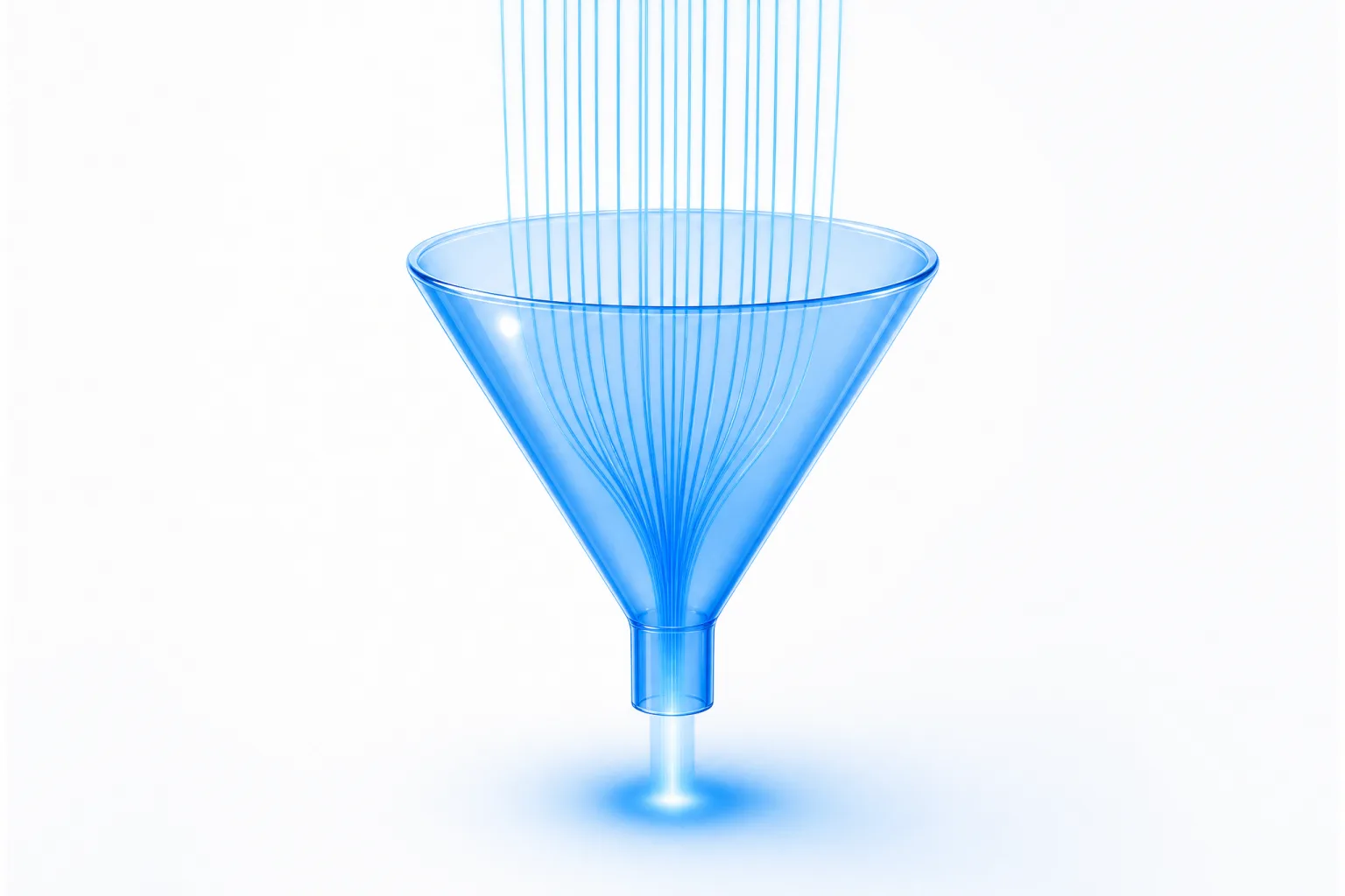A translucent blue glass funnel on a white field receiving many fine threads of light at its wide mouth and emitting a single combined beam below, with no way to trace the outgoing beam back to any individual incoming thread.