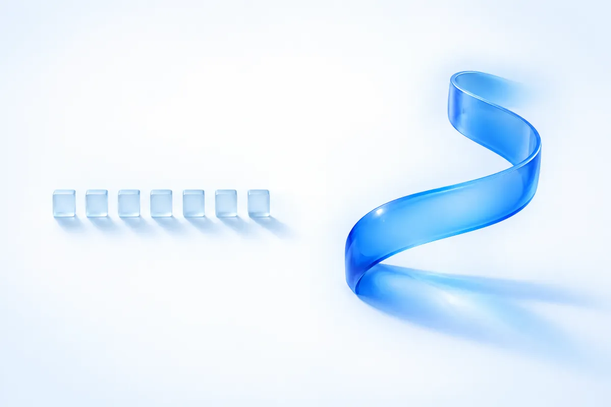 A row of small rigid frosted tiles beside one flowing ribbon of blue glass, representing many literal keywords versus one described situation.