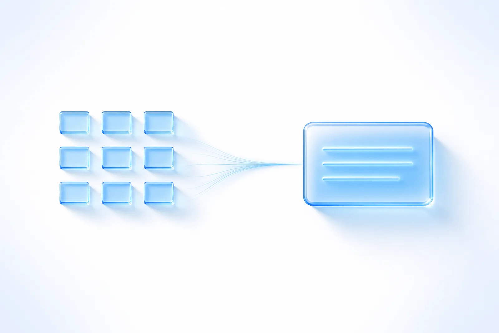 Nine small rigid glass keyword chips on the left gathered by a single thin line of blue light and flowing into one larger glass card on the right, representing many keywords collapsing into a single context hint.