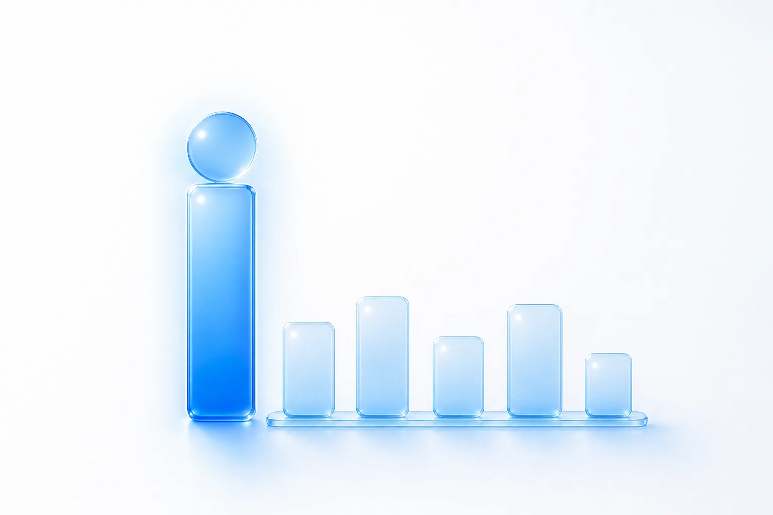 A tall blue glass column topped by a bright disk beside a row of five smaller, paler glass disks on a clear rail - one optimised goal plus other outcomes made visible.
