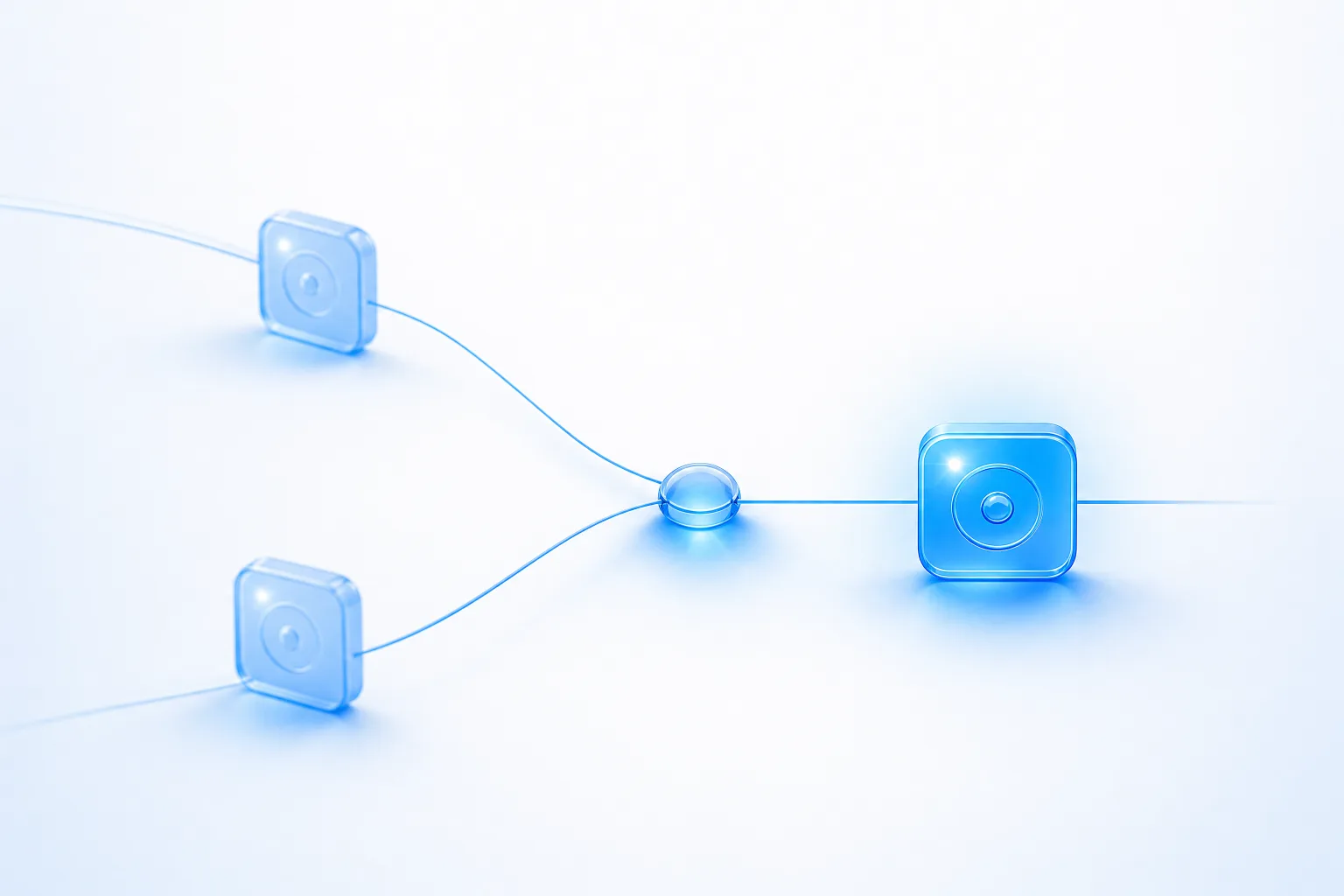 Two blue glass tokens bearing identical engraved identifiers travelling along separate paths and merging into one token at a glass junction on a white field, representing event deduplication.