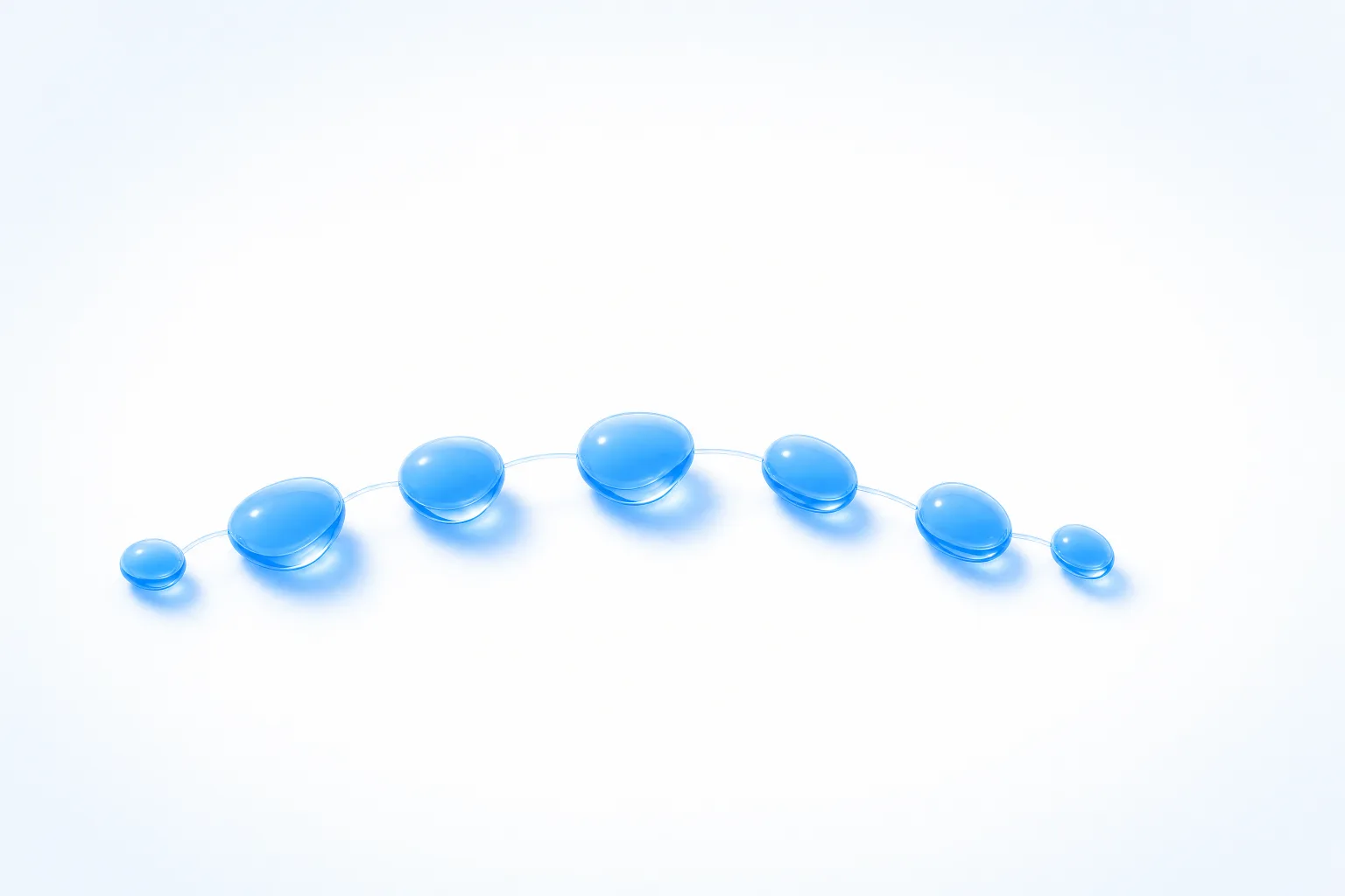 Seven small blue glass pebbles arranged in a loose arc like an archipelago, linked by a thin clear filament - seven new markets in one network.