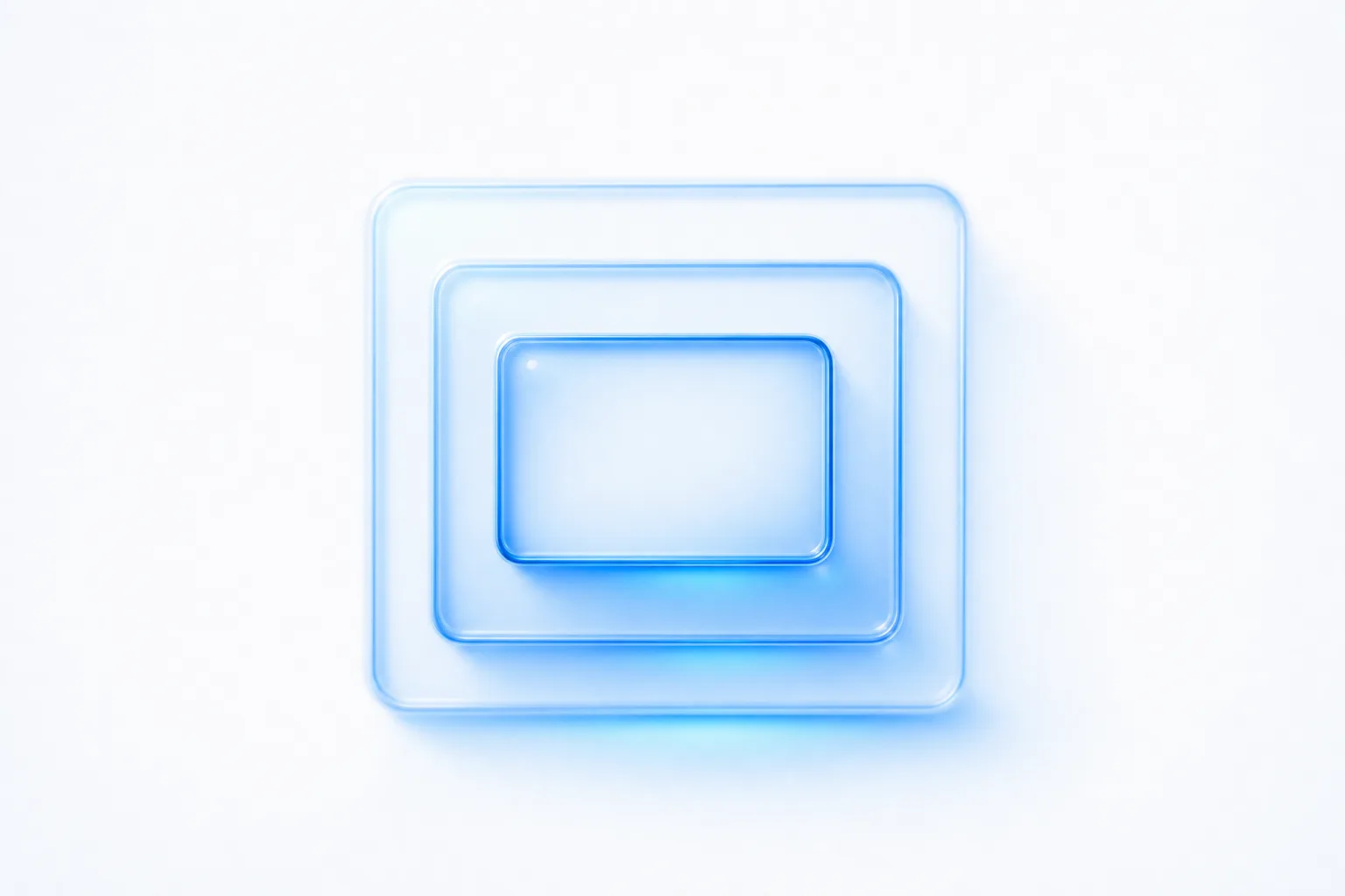 Three translucent blue glass frames nested one inside another on a white field, each smaller frame seated squarely within the last, the innermost lit most brightly.