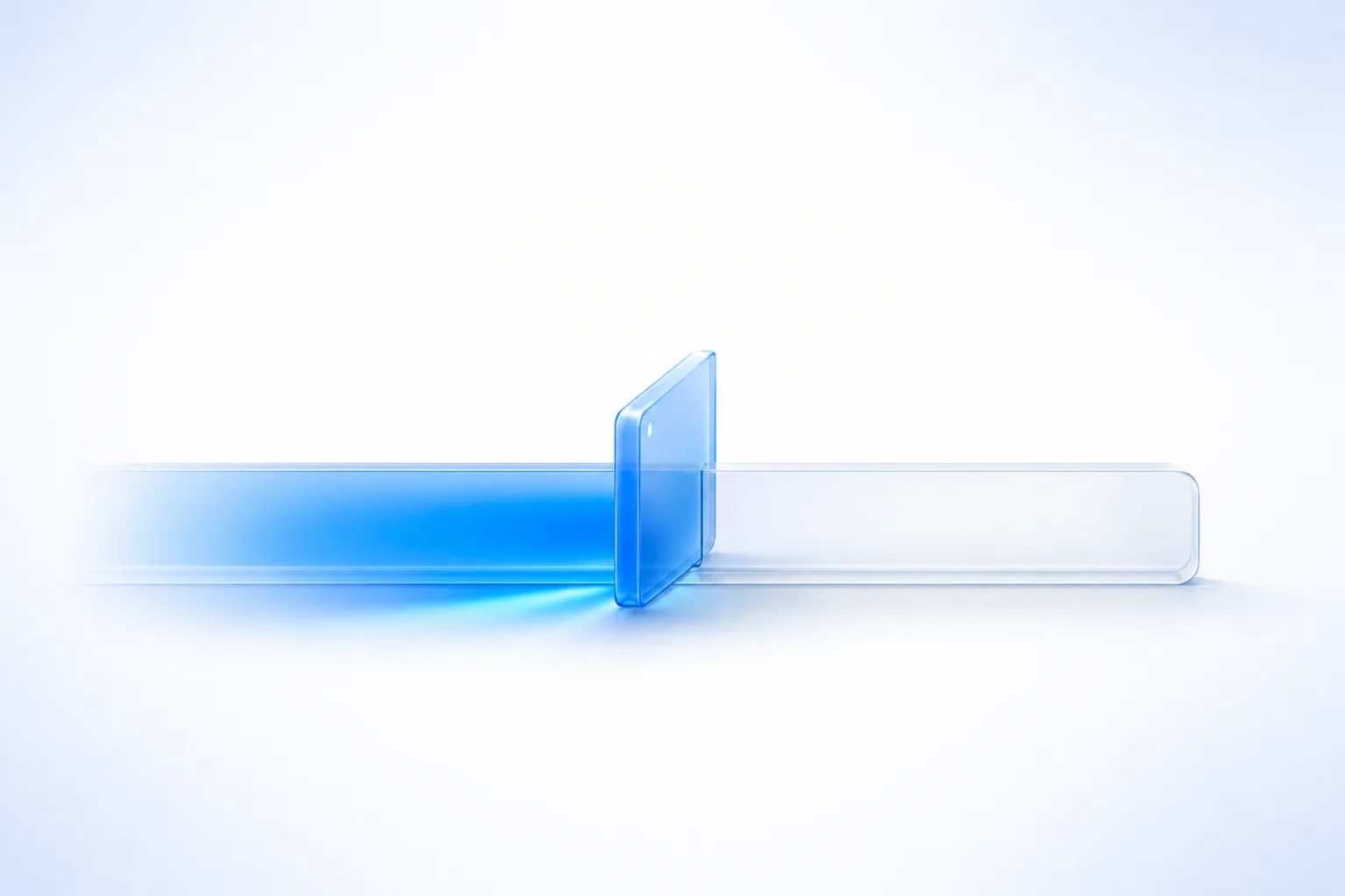 A single closed glass gate standing across a channel on a white field, with bright blue light gathered and waiting behind it and the channel beyond it still empty.