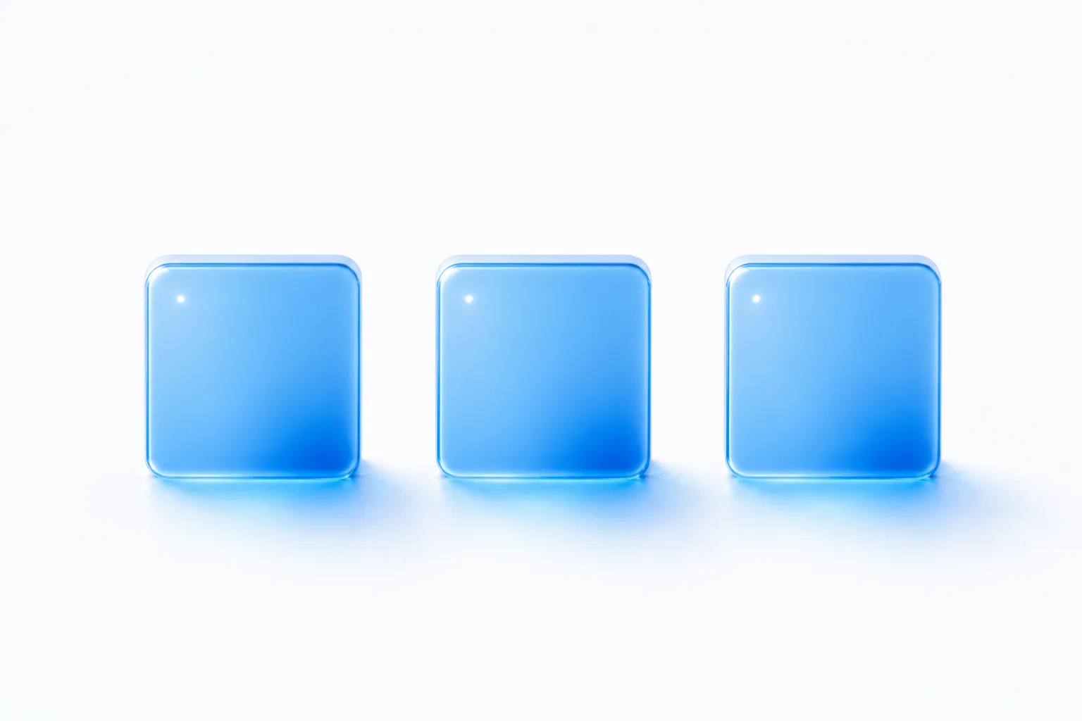 Three solid electric-blue glass blocks set immovably into a pale surface on a white field, their edges fused into the surface rather than resting on it.