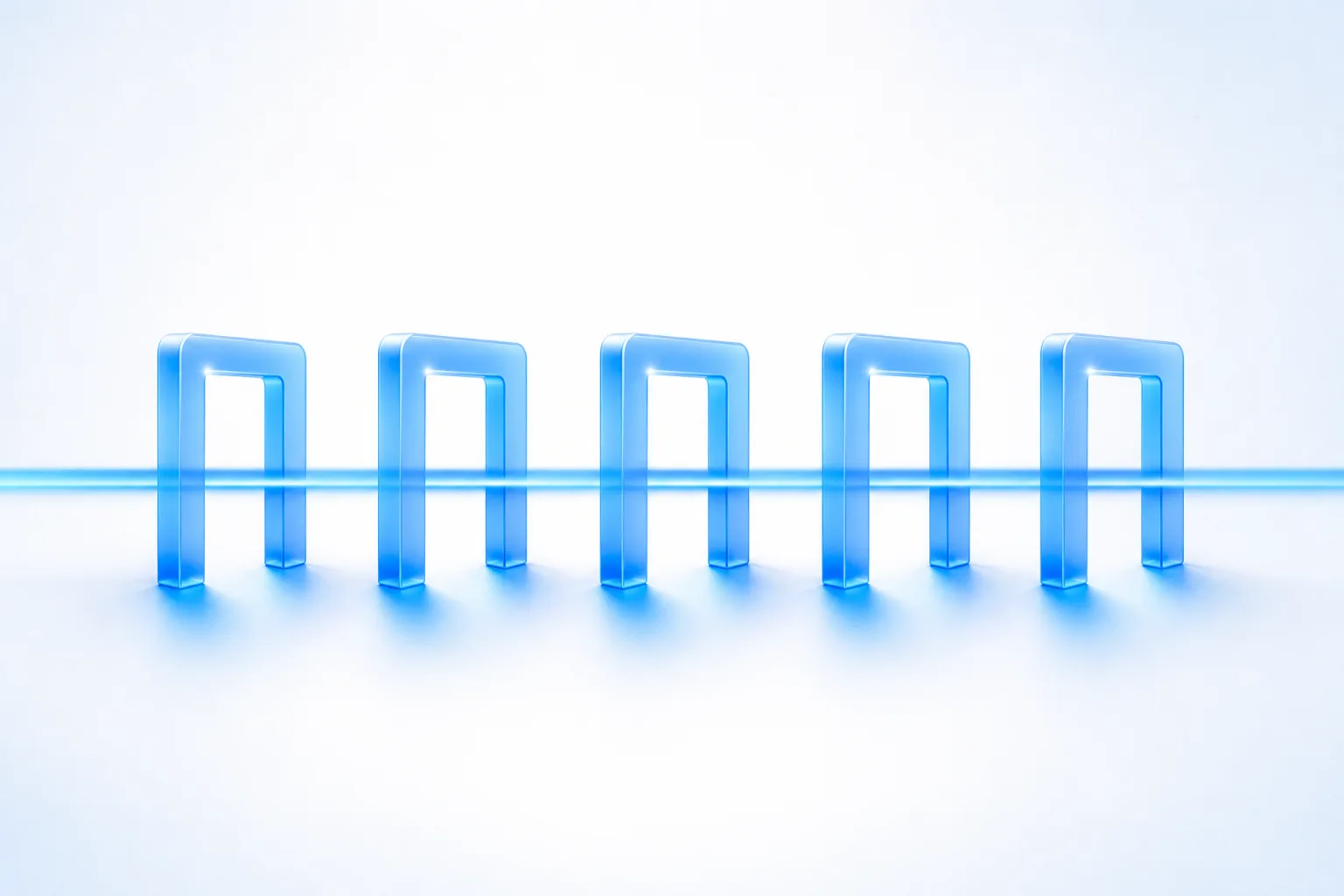 A row of five upright translucent blue glass gates on a white field, every one of them standing fully open and precisely aligned, with a single unbroken channel of blue light running cleanly through all five.