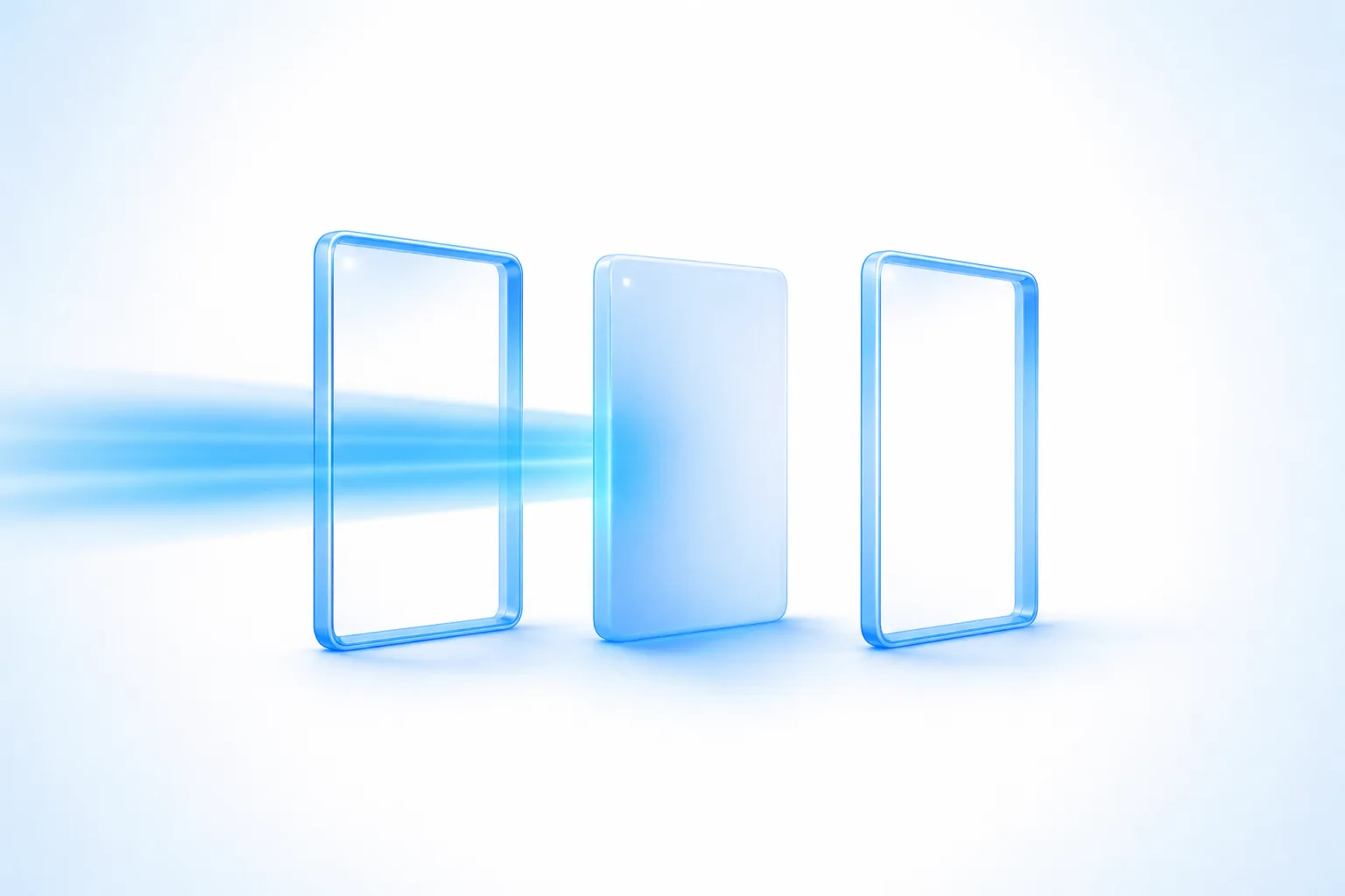 Three glass gates in a row on a white field; the first and third stand open, the second is a solid frosted panel, and blue light entering from the left pools against that panel with the channel beyond it left dark.