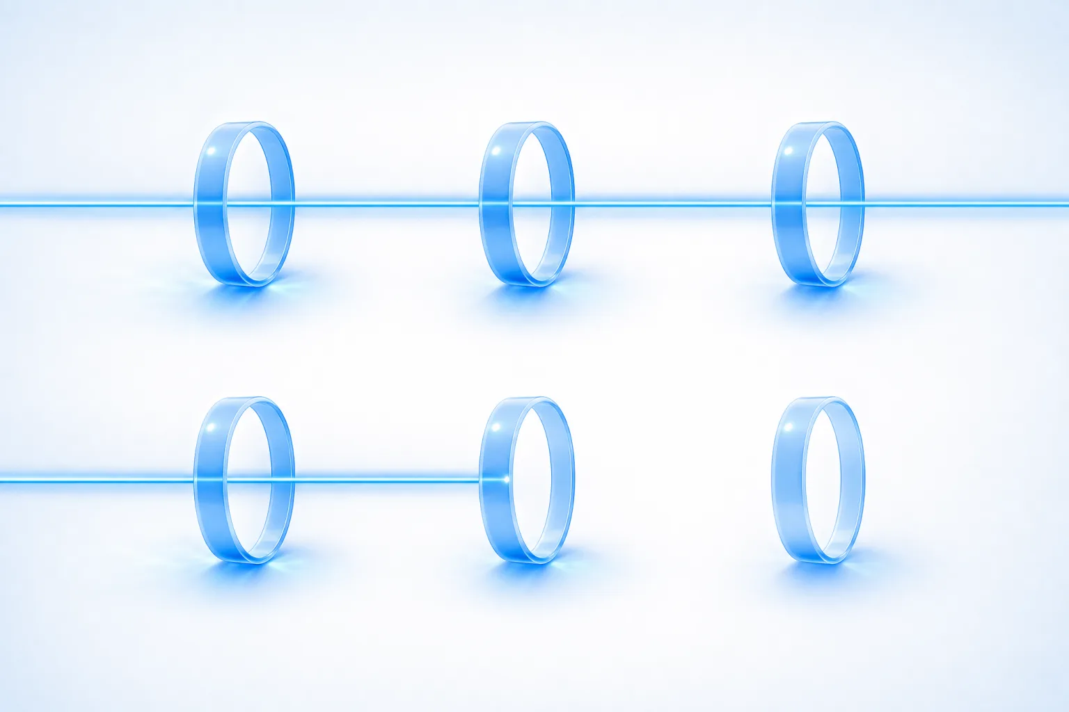 Two parallel channels crossing a white field, each carrying a thread of blue light through three glass rings; the upper thread passes all three intact, the lower stops dead at the second ring leaving the rest of its path dark.