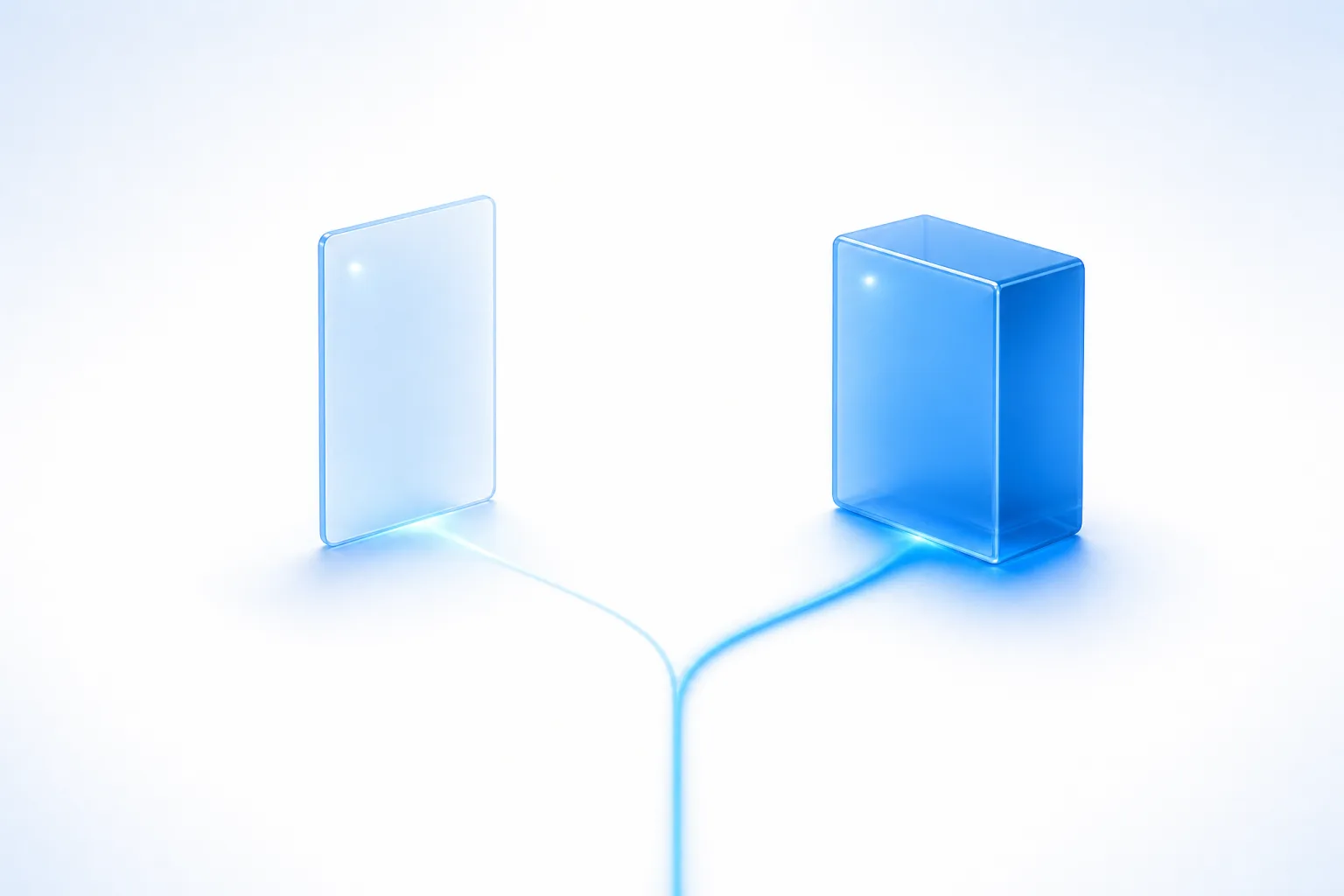 A thin upright glass pane and a denser glass block set apart on a white field, each sending a filament of blue light toward the lower centre where the two merge into one; the pane's filament is finer and thins along its length, the block's is thicker and steady.