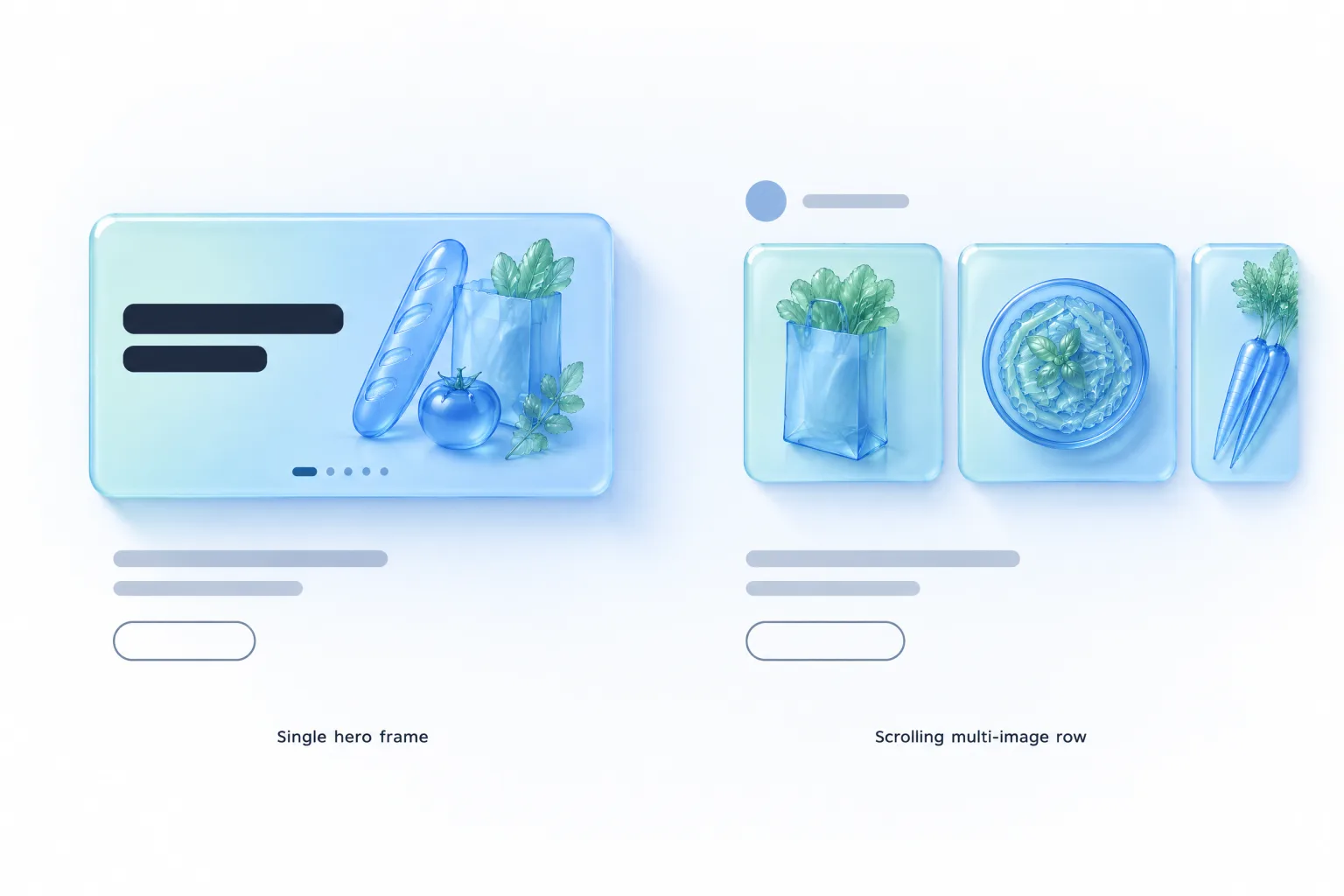Two glass ad cards side by side: on the left a single wide banner with a headline area, still-life objects and five carousel dots; on the right a row of three square image tiles with the third cropped to show sideways scrolling.