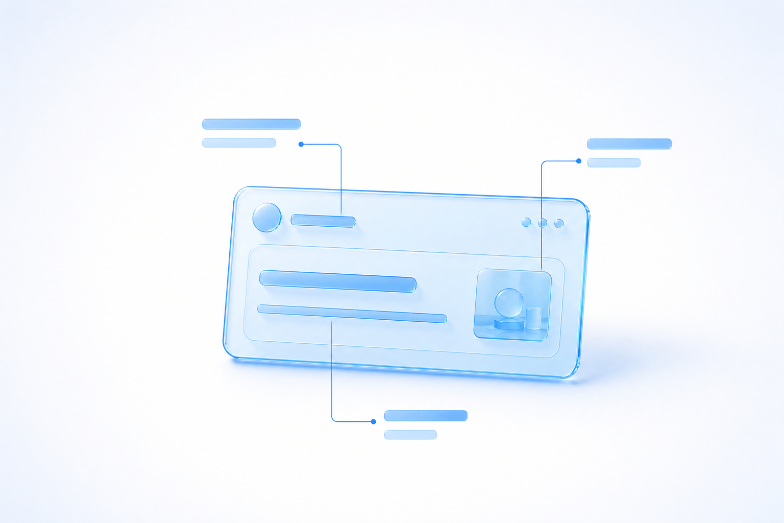 A translucent blue glass ad card on a white field with a favicon disc, advertiser-name bar, headline bar, description bar, and a small square image tile, each connected by thin callout lines to abstract label bars.