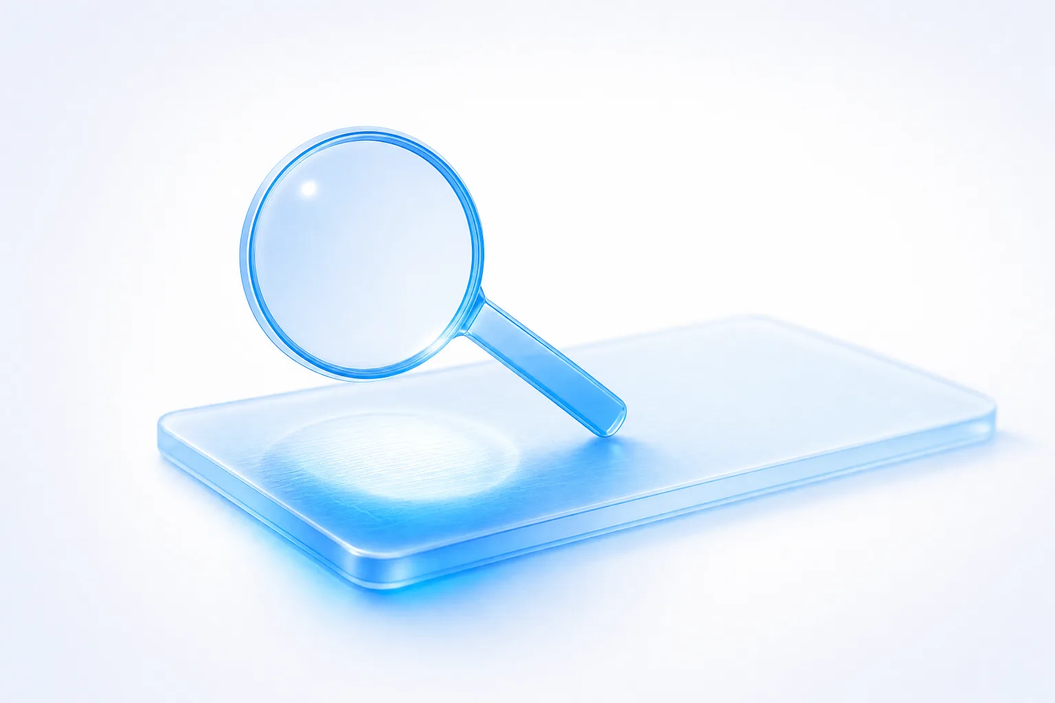 A translucent blue glass magnifying lens hovering above a frosted glass plate on a white field, the disc of plate beneath the lens rendered sharp and bright while everything outside it stays soft and indistinct.