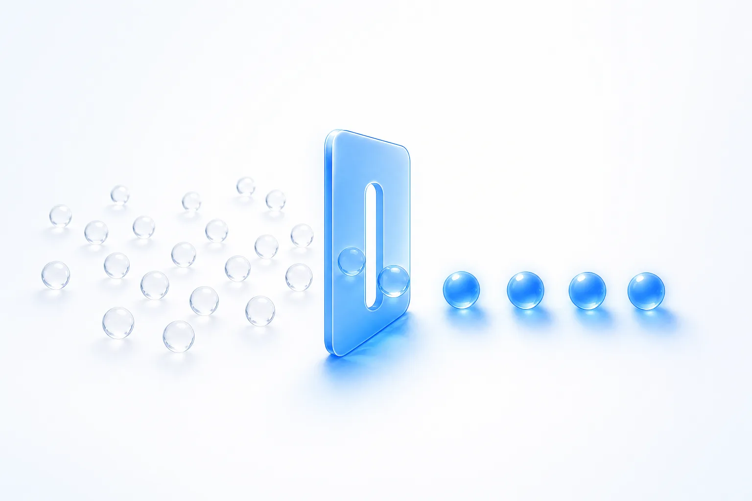 A wide scattering of small clear glass spheres on a white field narrowing through a translucent blue glass aperture, with only four emerging lit on the far side.