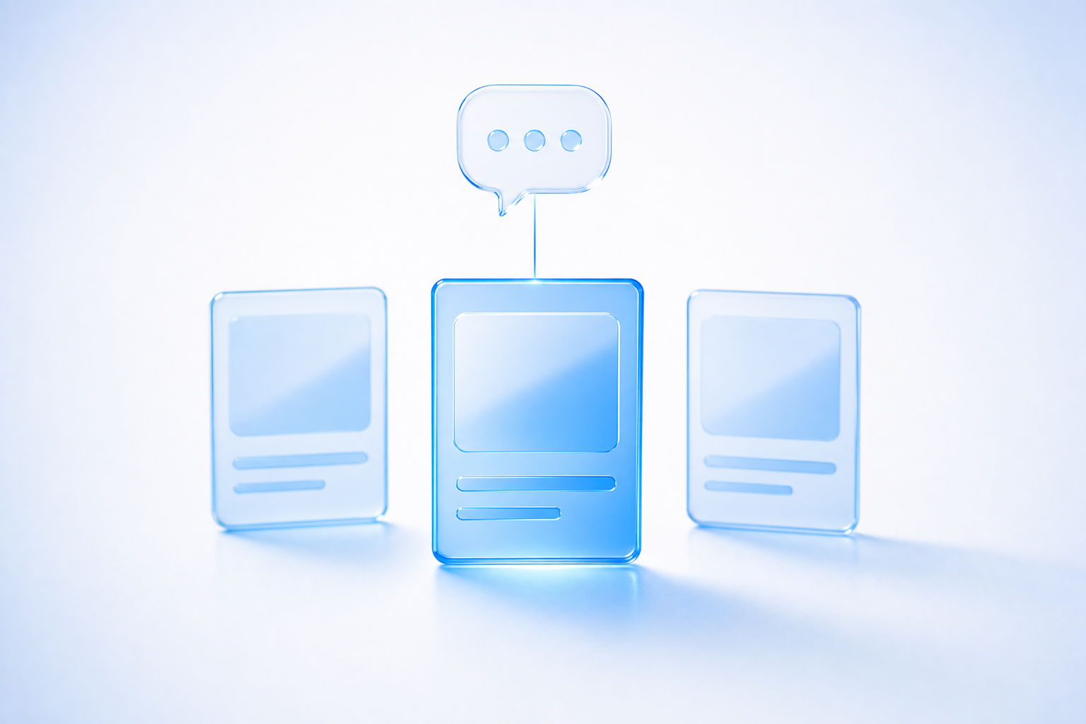 Three translucent blue glass product cards standing in a row, the center card lifted and glowing, connected by a filament of light to a chat bubble above — an AI answer selecting one option from a comparison.