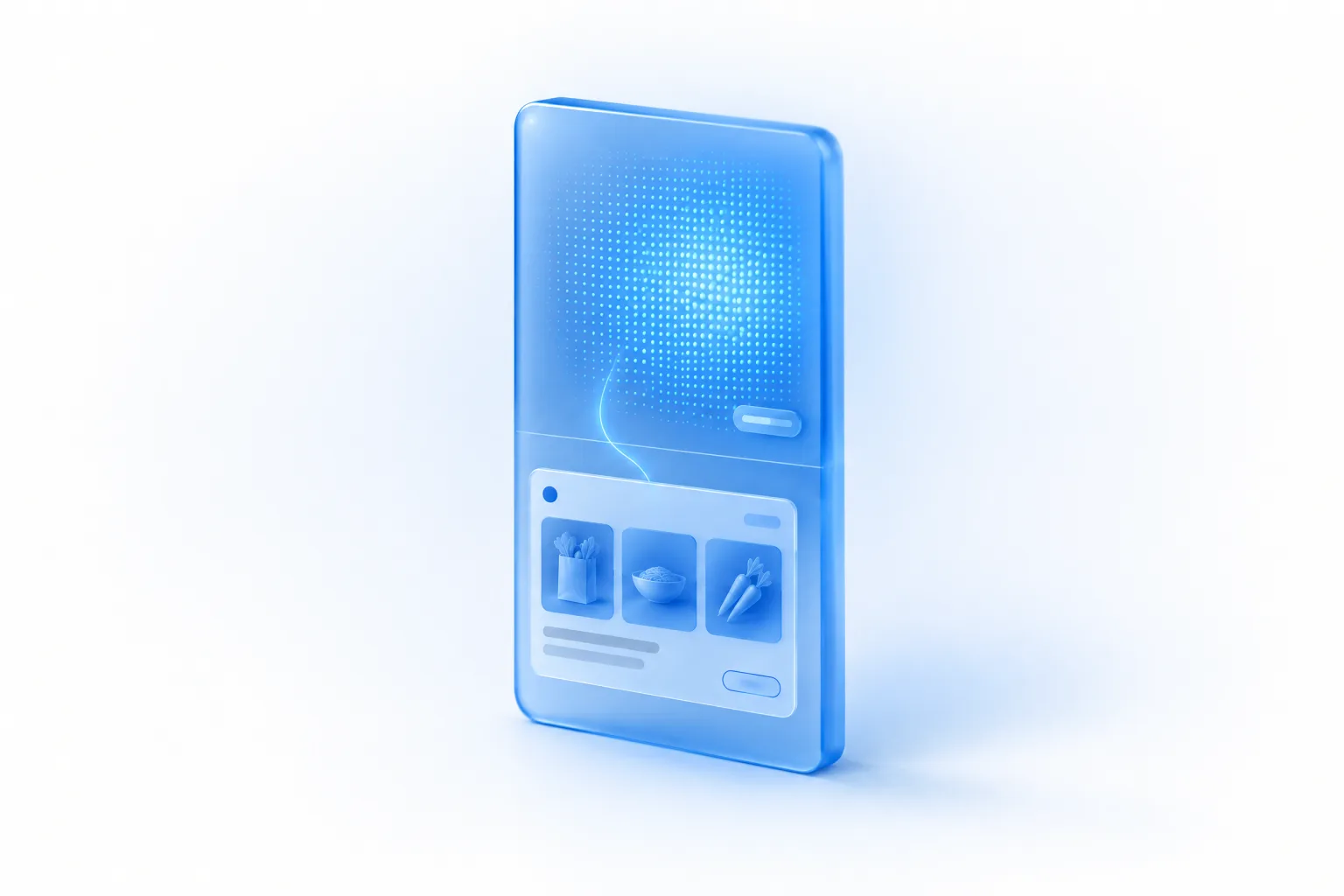 A tall blue glass panel holding a field of glowing dots, like an image still being rendered, with a separate frosted ad card of three image tiles floating below it.