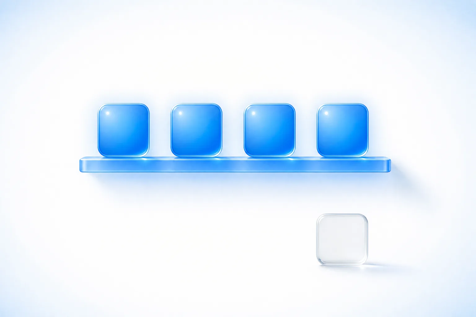Four lit translucent blue glass tokens resting on a white shelf with a fifth identical token sitting just below and outside it, unlit.