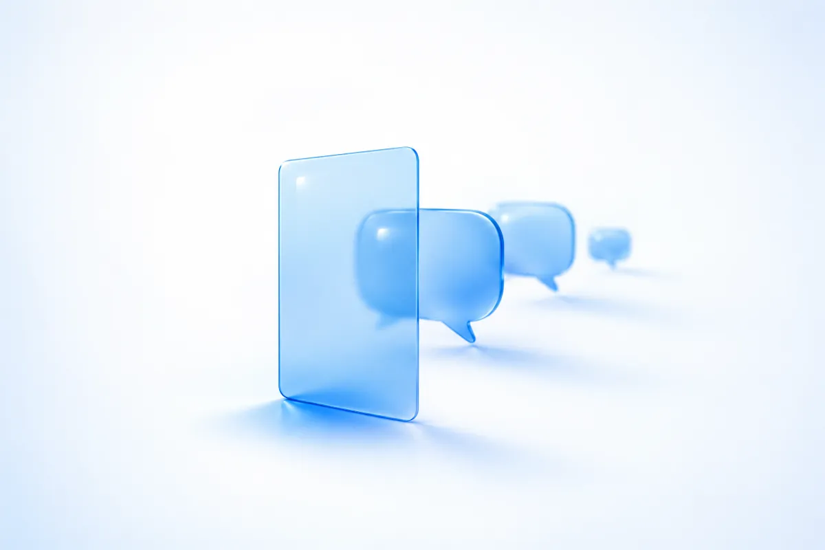 A translucent blue glass card standing in front of three glass speech bubbles, representing a context hint reading a ChatGPT conversation.