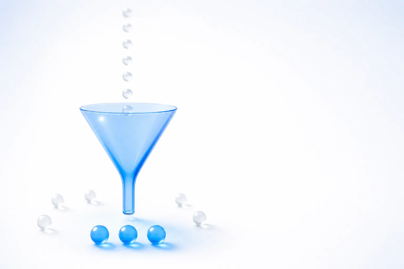 A translucent electric-blue glass funnel on a white field, sorting a stream of small glass spheres so that a select few pass through to a lit chamber below — the oCPC selection model.